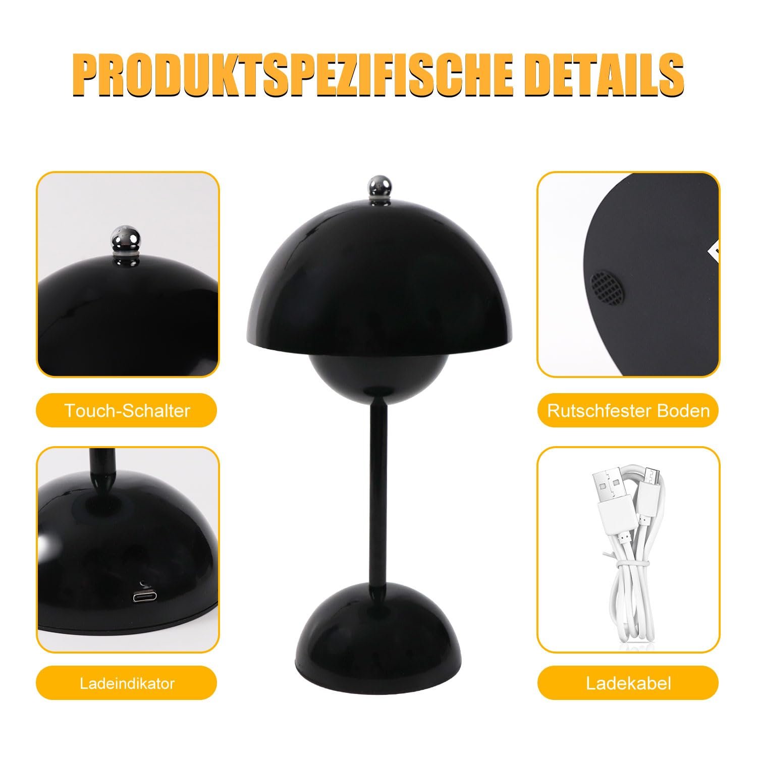 Світлодіодна настільна лампа EXTRASTAR Flowerpot грибоподібна сенсорна бездротова 3 колірні температури USB чорна, фото №6