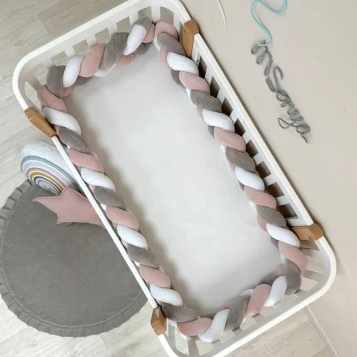 Бортик-коса білий/сірий/пудра 360 см на всі сторони ліжечка, фото №4