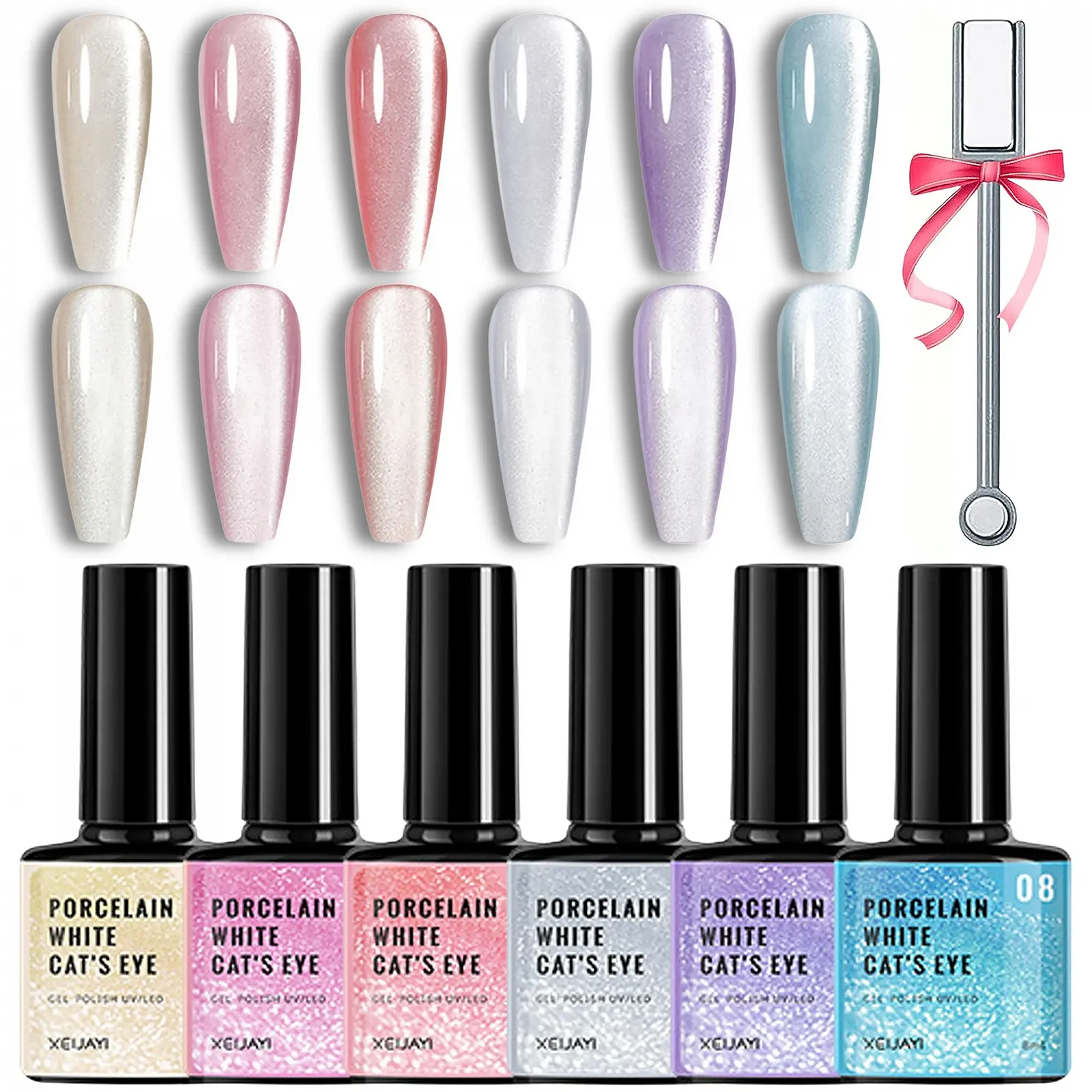 Гель-лак Набор желе стекло кристалл 6 цветов - Водный яркий шеллак, Кошачий глаз УФ-гель лак, Блестящий мерцающий гель Auroras Cat Magnetic Eye для маникюра и дизайна ногтей дома с магнитом, фото №1