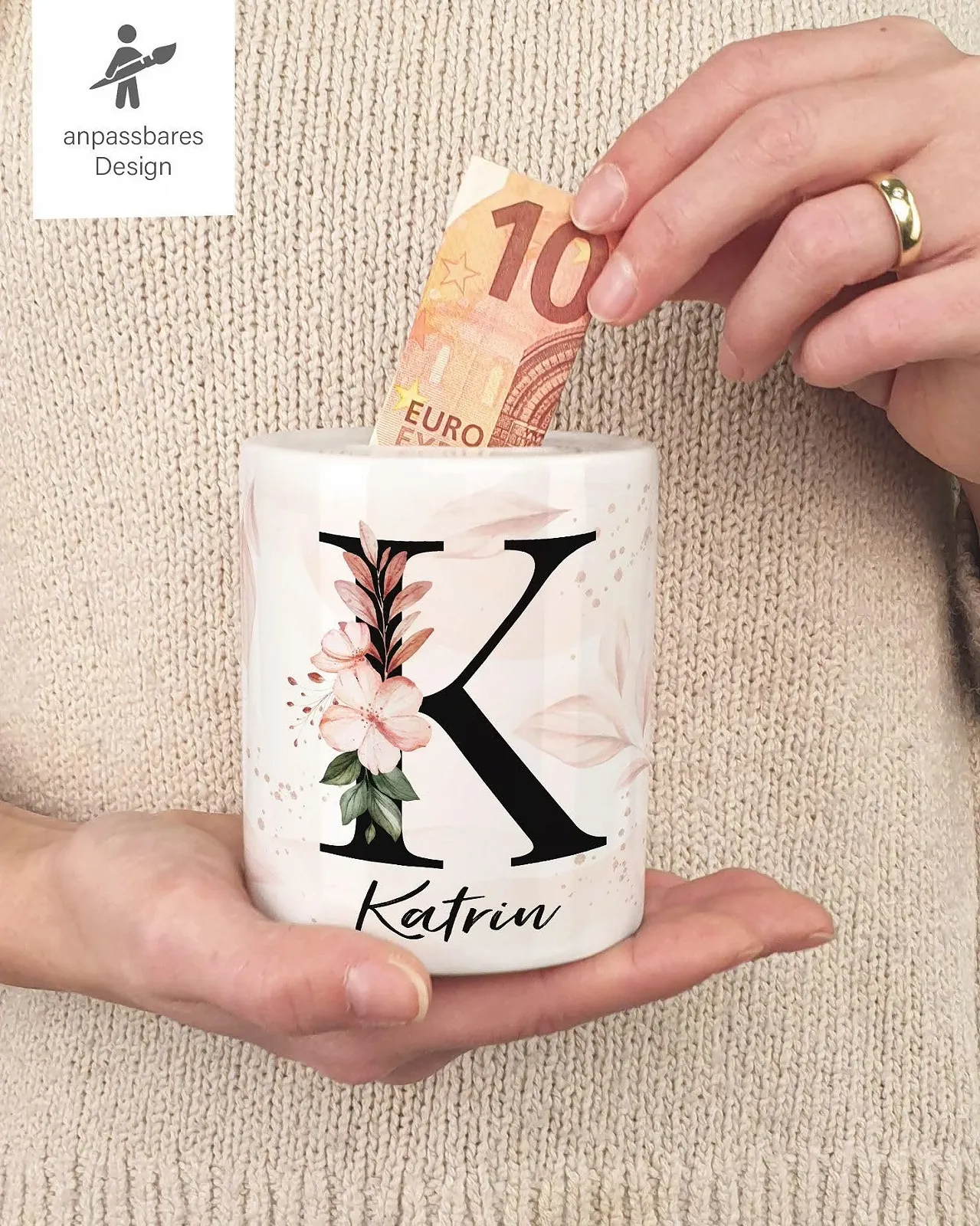 Скарбничка керамічна персоніфікована з квітковим декором, фото №3