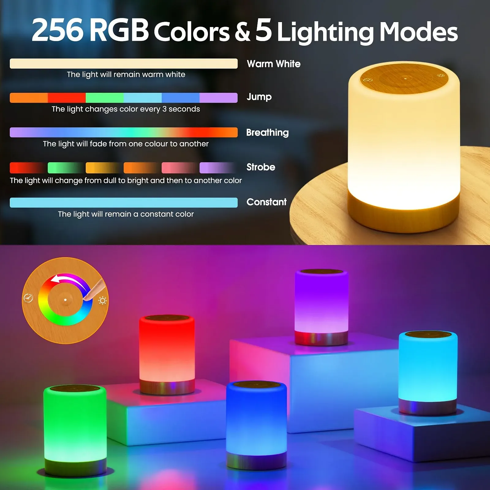 Настільна лампа Нічник Сенсорна Акумуляторна 5 режимів 256 RGB USB, фото №3