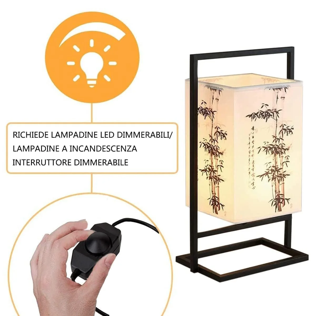 Настільна лампа Japanese японська приліжкова індустріальна з чорною металевою рамою та квадратним тканинним абажуром Регульована яскравість Квітка сливи, фото №2