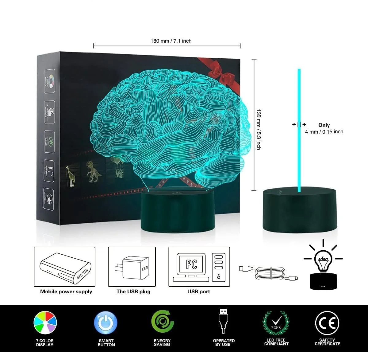 Настільна лампа 3D Brain LED Illusion, 7 кольорів, нічник для спальні та дому, фото №5