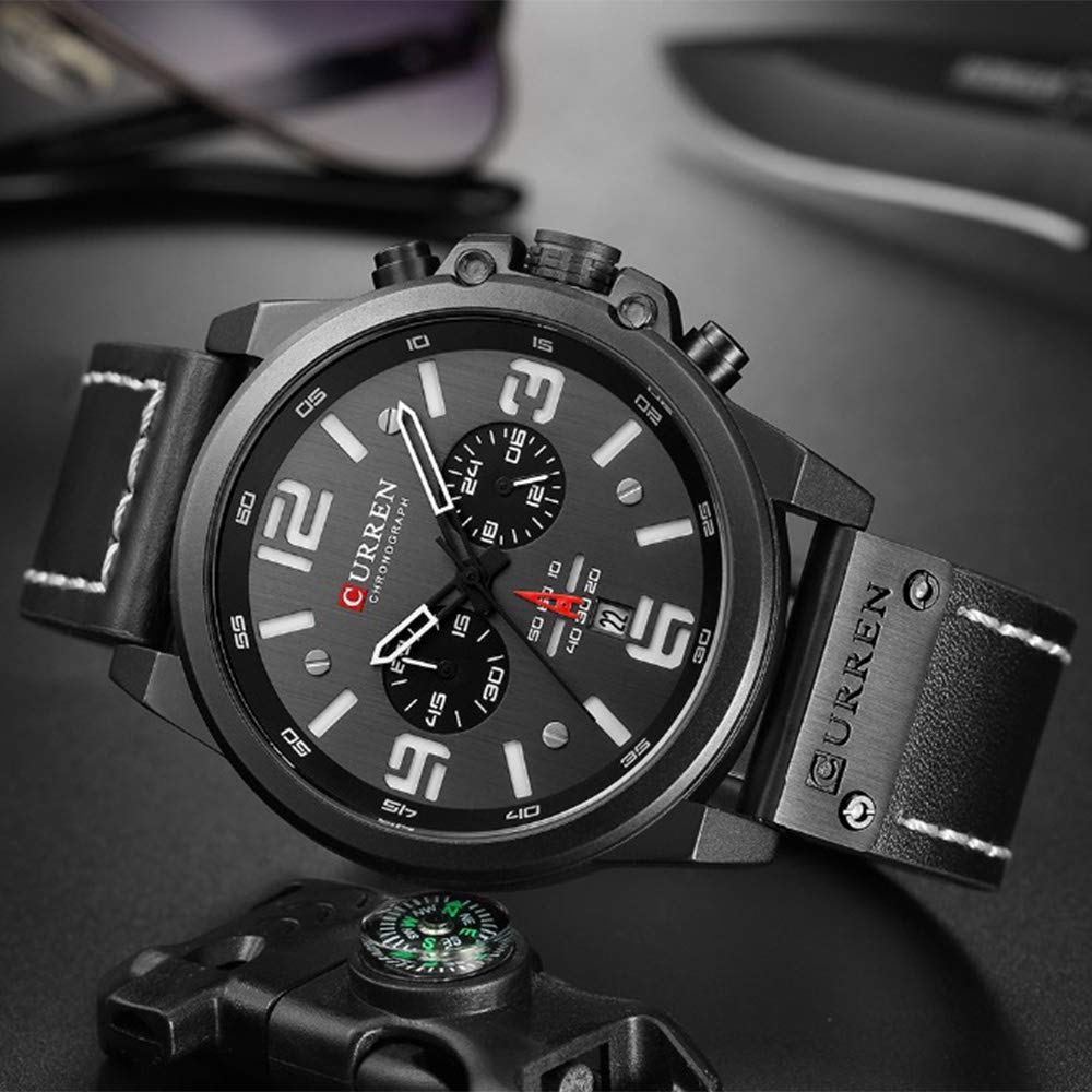 Часы CURREN Chronograph Чёрный Мода Тренд Многофункциональные Водонепроницаемые Кварцевые Кожаный Ремешок Военные Чёрный, фото №4