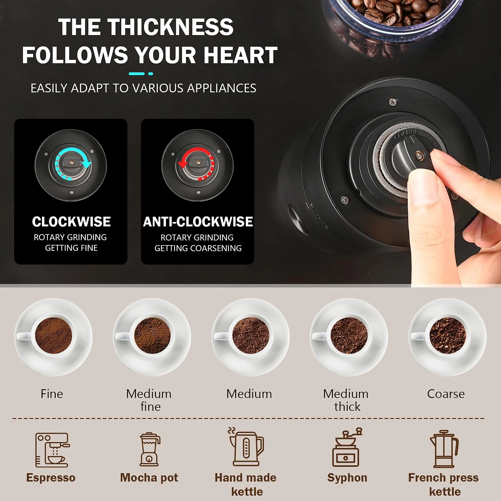 Кофемолка электрическая USB перезаряжаемая с керамической конической жерновкой, регулируемая грубость помола, фото №3