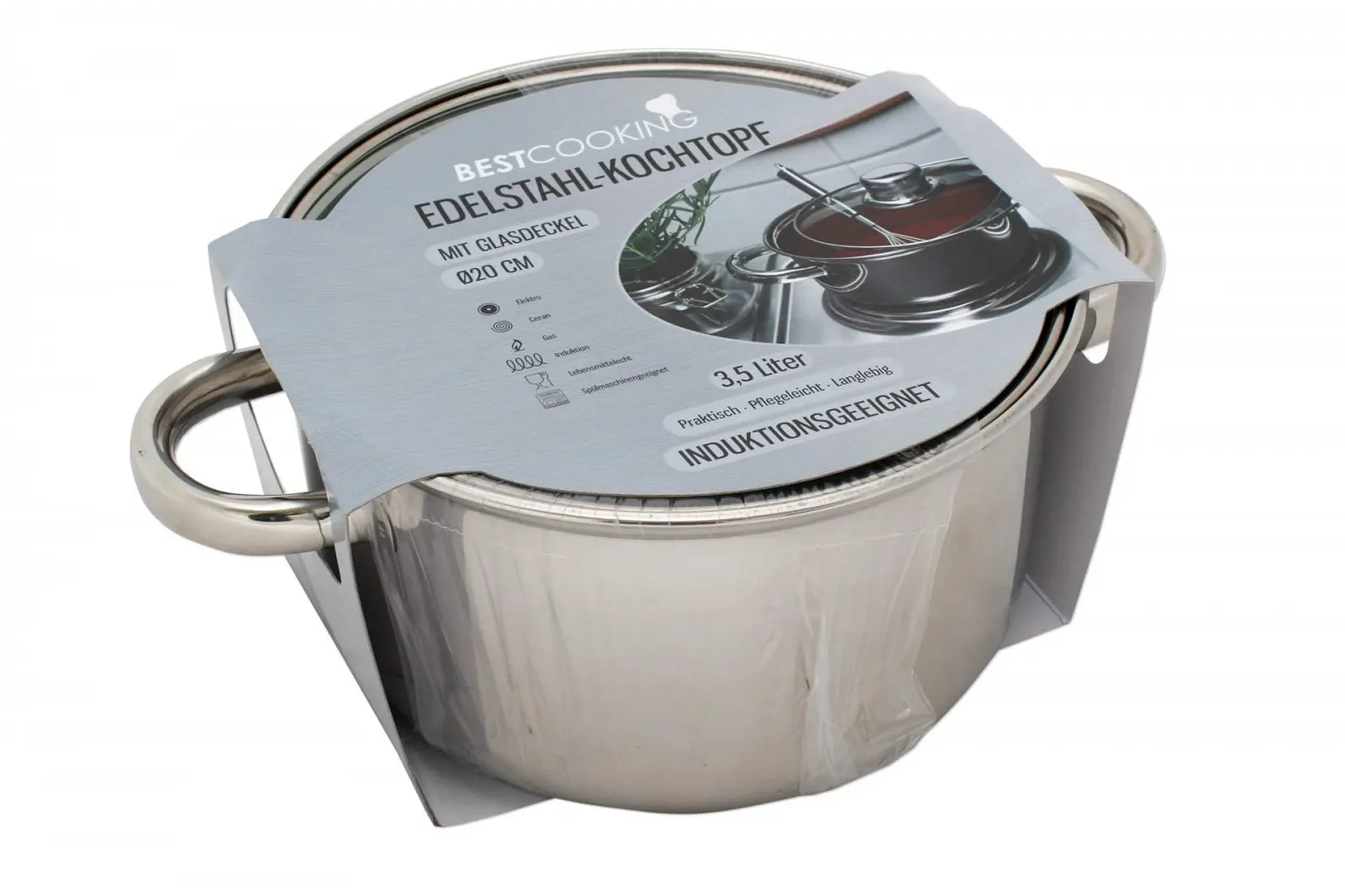 Кастрюля из нержавеющей стали со стеклянной крышкой 3.5 л 20 см, фото №3