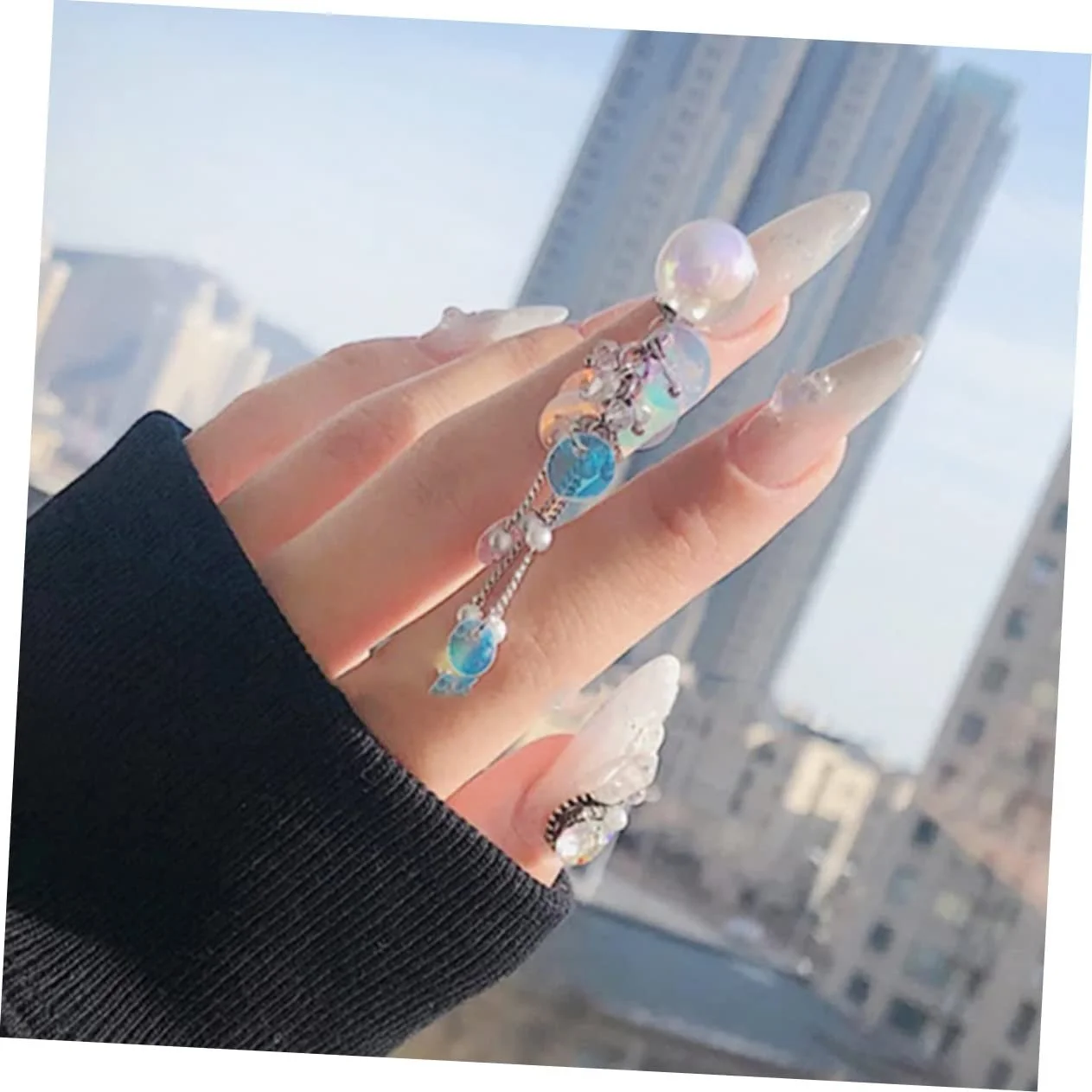 Украшение для ногтей Шар POPETPOP Хрустальный разноцветный, сверкающая цепочка с кисточками, жемчуг для маникюра разноцветный, фото №2