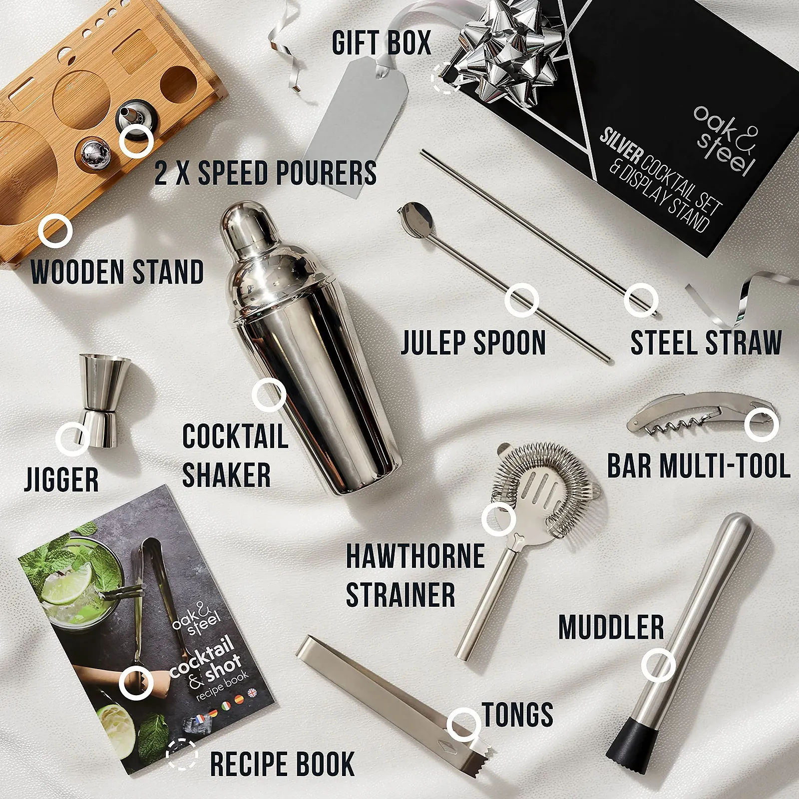 Набір для коктейлів Oak & Steel Professional з нержавіючої сталі, 13 предметів, з дерев'яною підставкою та книгою рецептів, фото №3 Набір для коктейлів Oak & Steel Professional з нержавіючої сталі, 13 предметів, з дерев'яною підставкою та книгою рецептів, фото №3