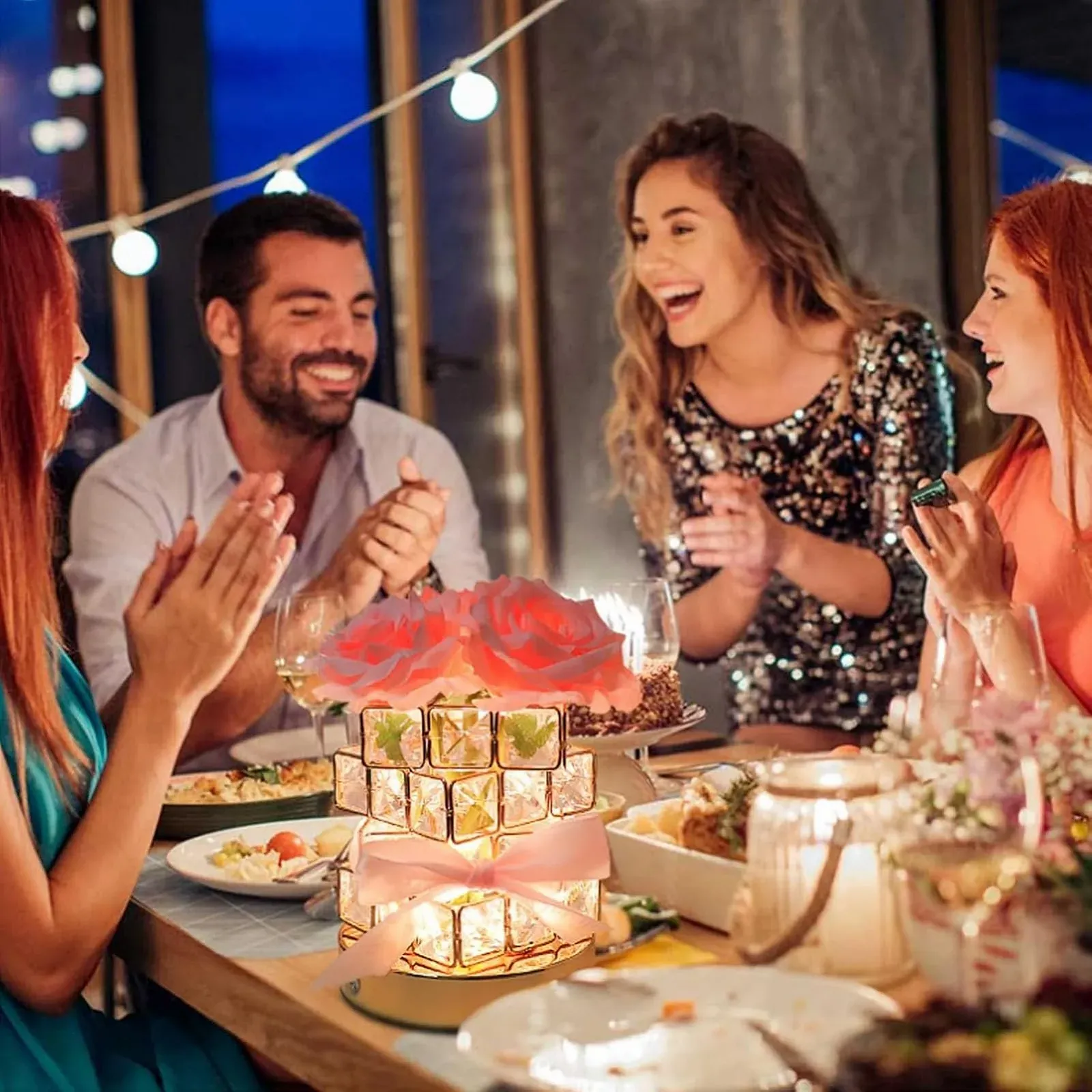 Настольная лампа Pink Crystal Flower Lamp беспроводная аккумуляторная 3 цвета LED розовая, фото №3