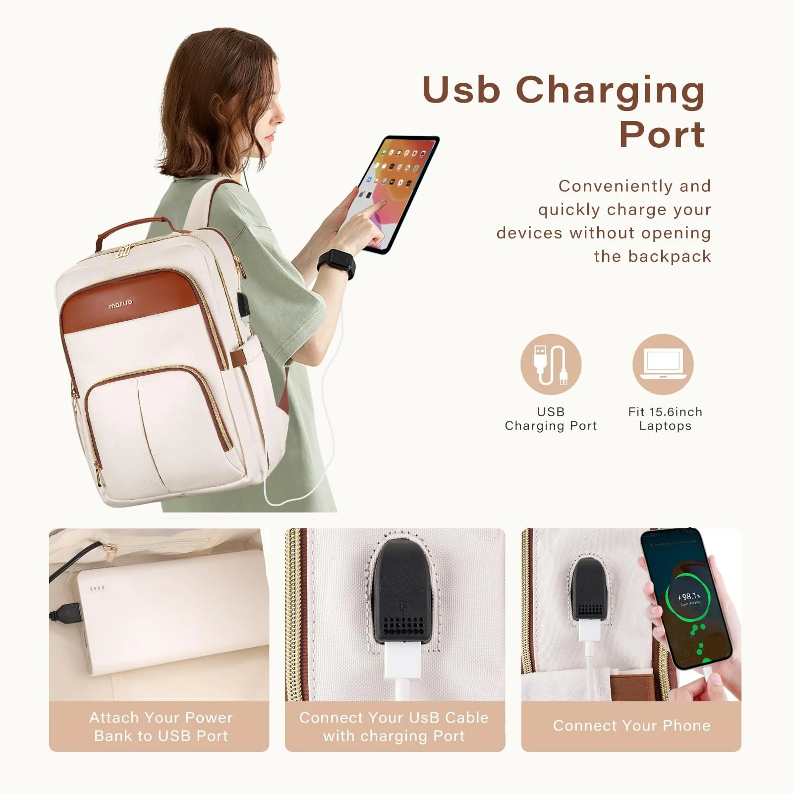 Рюкзак для ноутбука MOSISO 15.6" USB Бежевий, фото №2 Рюкзак для ноутбука MOSISO 15.6" USB Бежевий, фото №2