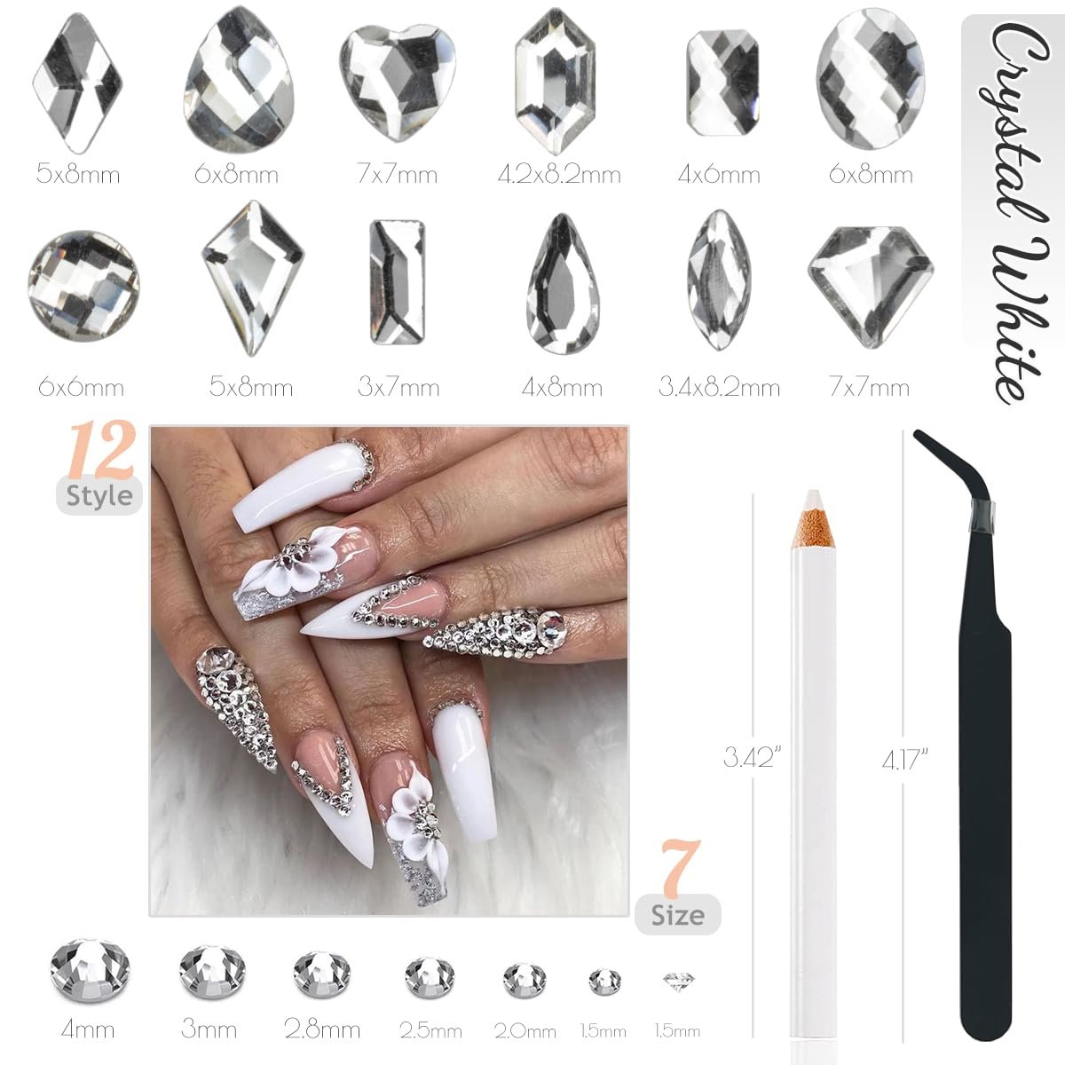 Стразы для ногтей Crystal White Glitter Stones, 12 типов крупных блестящих камней + 6 размеров круглых стеклянных страз K9, 2630 шт., фото №3