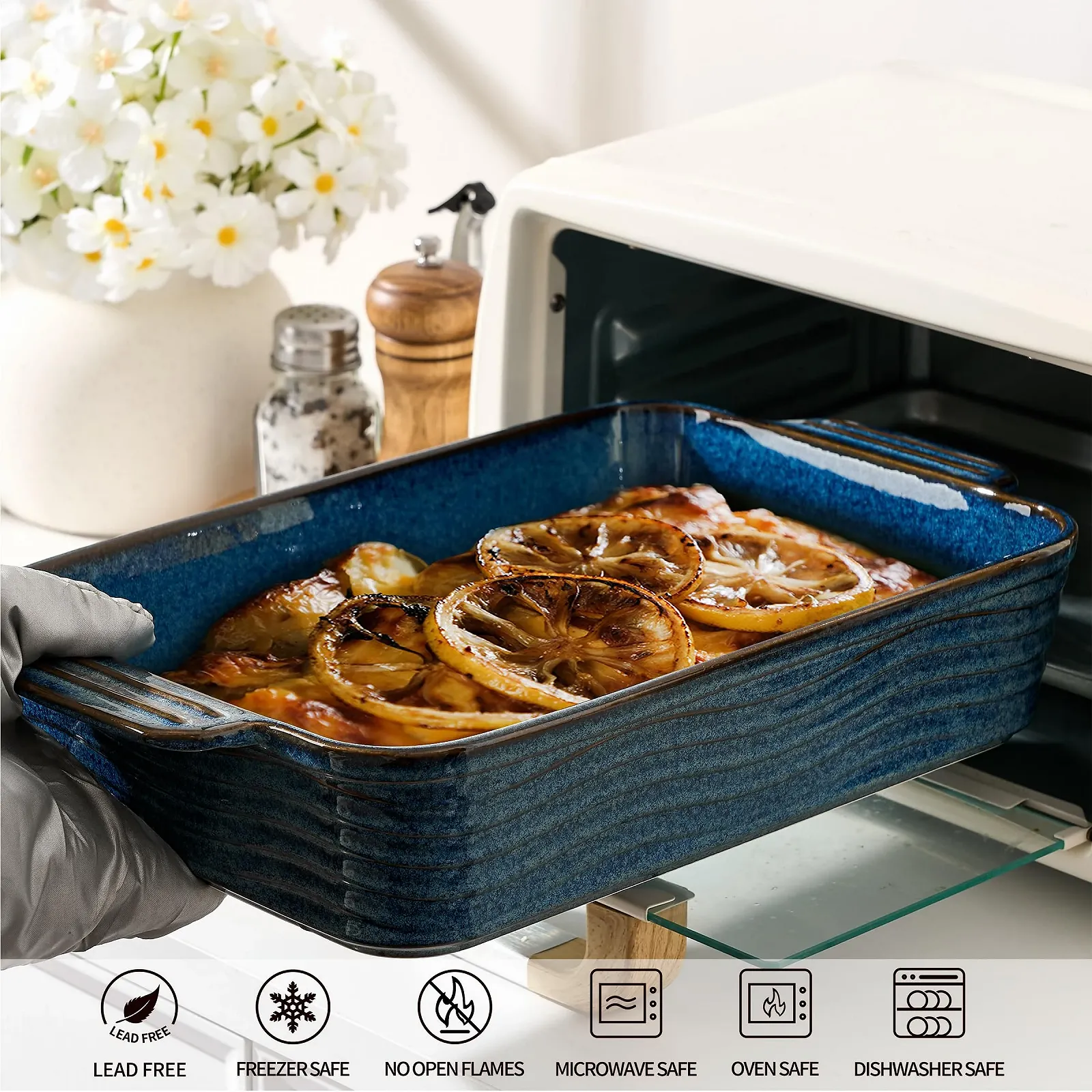 Керамическая форма для запекания Poecer 2000 мл квадратная фарфоровая с ручками Blue, фото №4