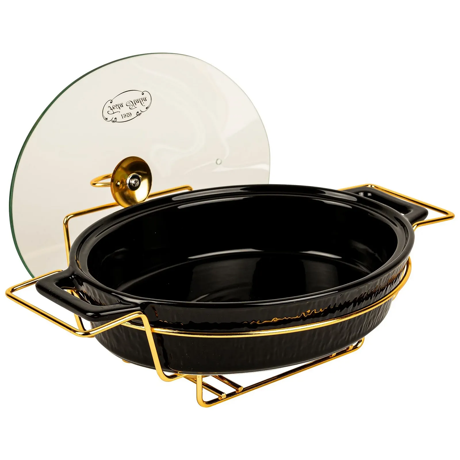 Форма для запекания керамическая с крышкой и подставкой 2.5 л овальная Черная, фото №6