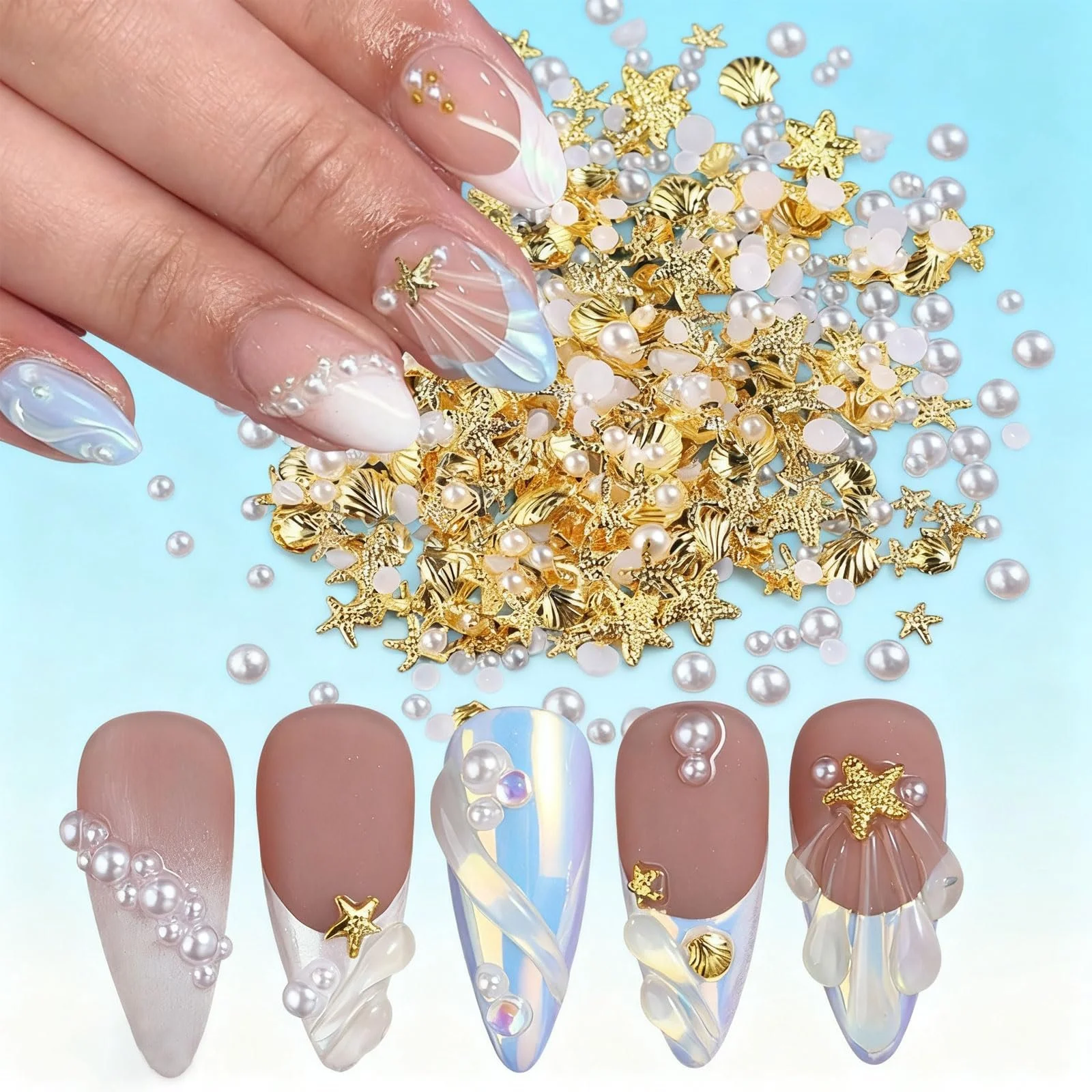 Украшения для ногтей, Золотая морская звезда и ракушки, Набор 200 шт. украшений для летнего маникюра, Стразы и камни для ногтей, фото №1 Украшения для ногтей, Золотая морская звезда и ракушки, Набор 200 шт. украшений для летнего маникюра, Стразы и камни для ногтей, фото №1