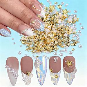 Украшения для ногтей, Золотая морская звезда и ракушки, Набор 200 шт. украшений для летнего маникюра, Стразы и камни для ногтей - Фото 1