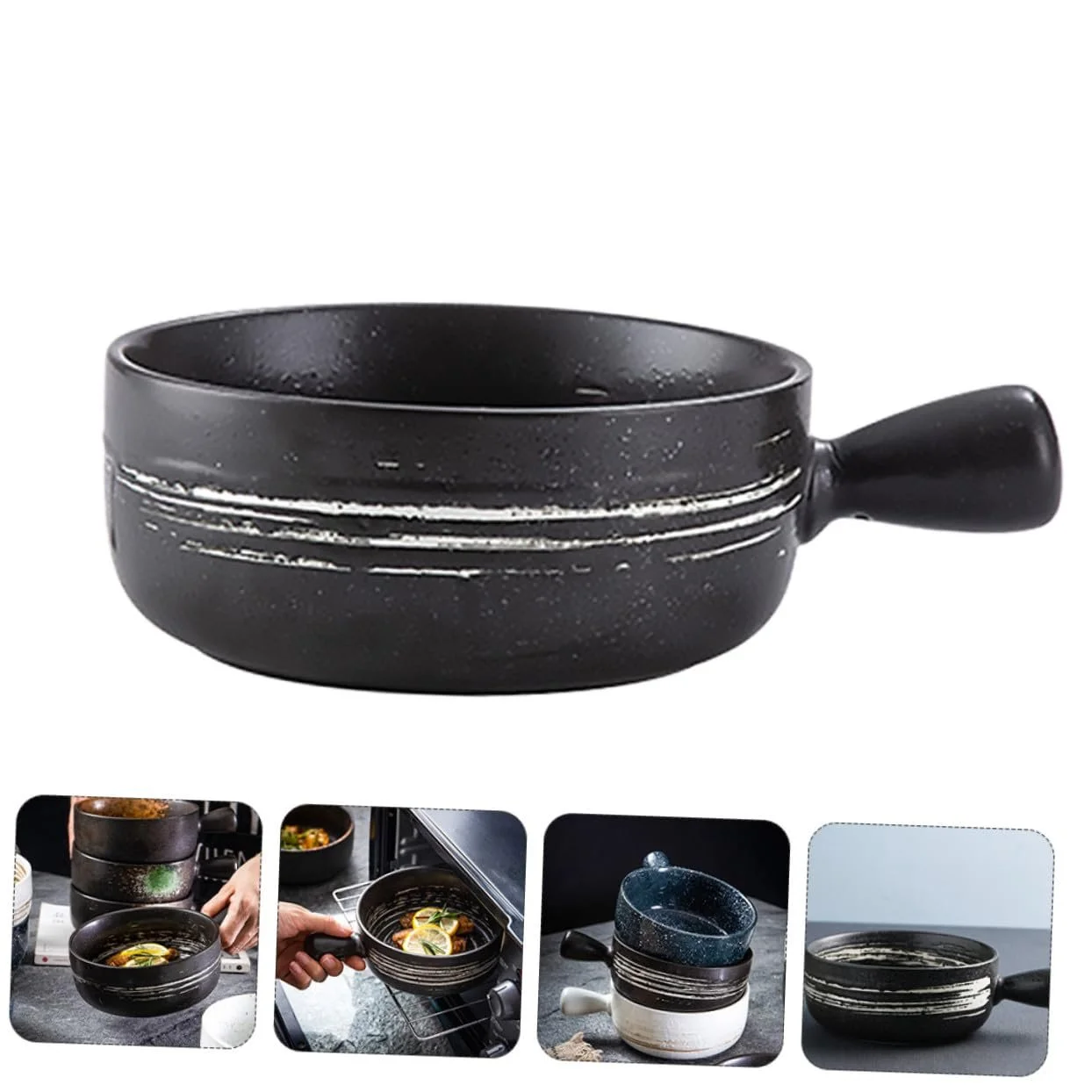 Миска для запікання керамічна з ручкою для мікрохвильової печі та духовки чорна, фото №9