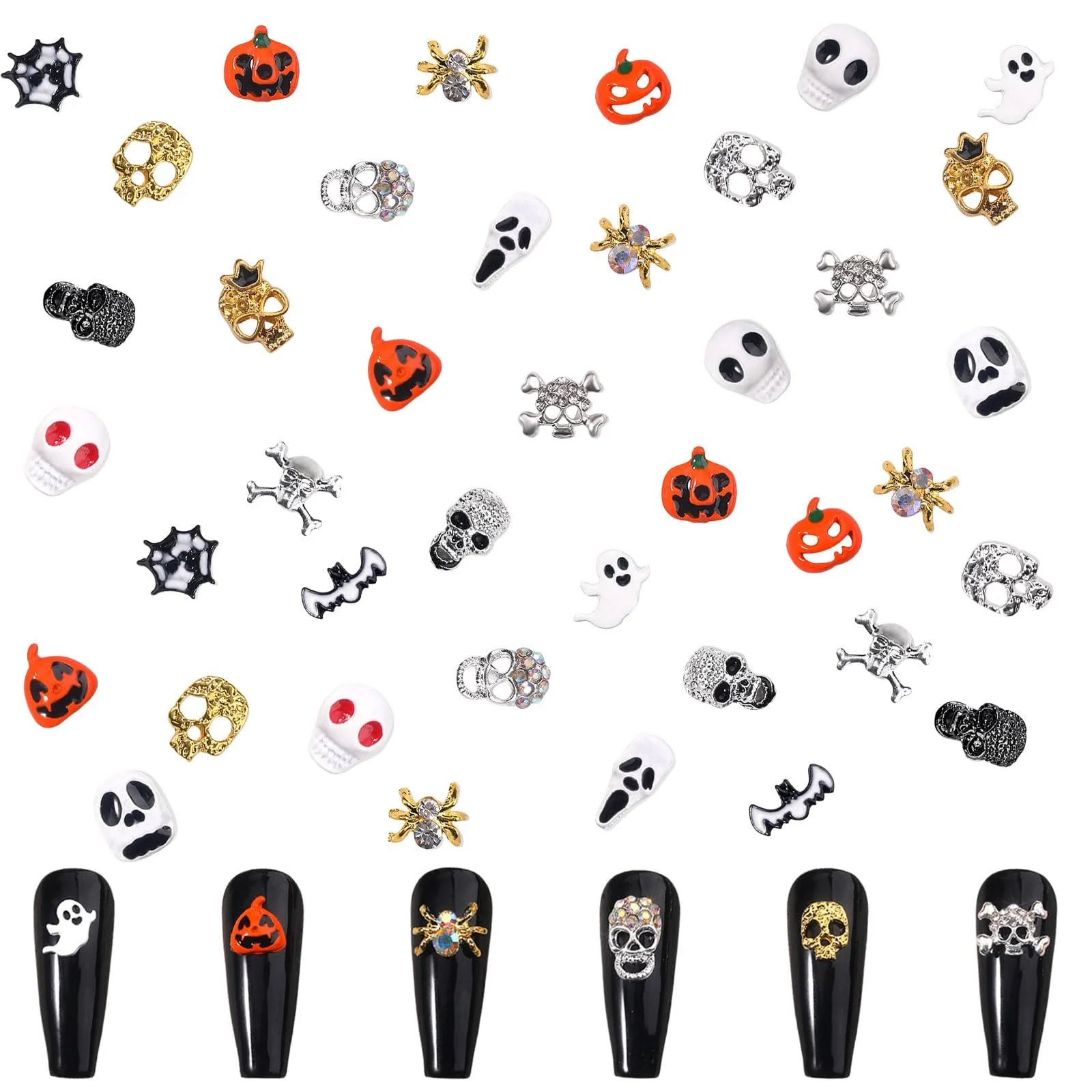 Украшения для ногтей на Хэллоуин, Голова призрака, Паук, Драгоценные камни для ногтей со стразами, Скелет, Череп, Тыква, Паутина, Летучая мышь, Ювелирные украшения для ногтей из сплава для DIY дизайна ногтей, фото №1