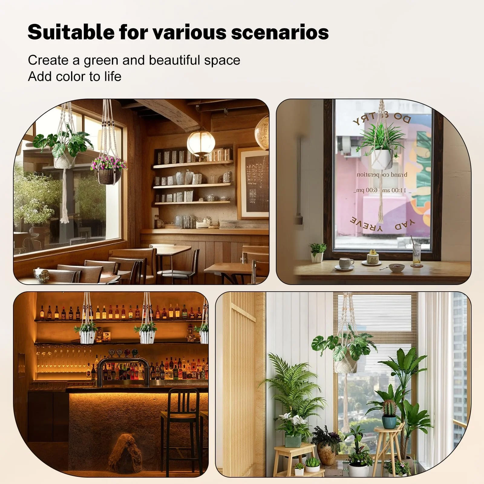 Подвесное кашпо макраме Набор 4 шт. Хлопковое ручной работы Бежевый, фото №7