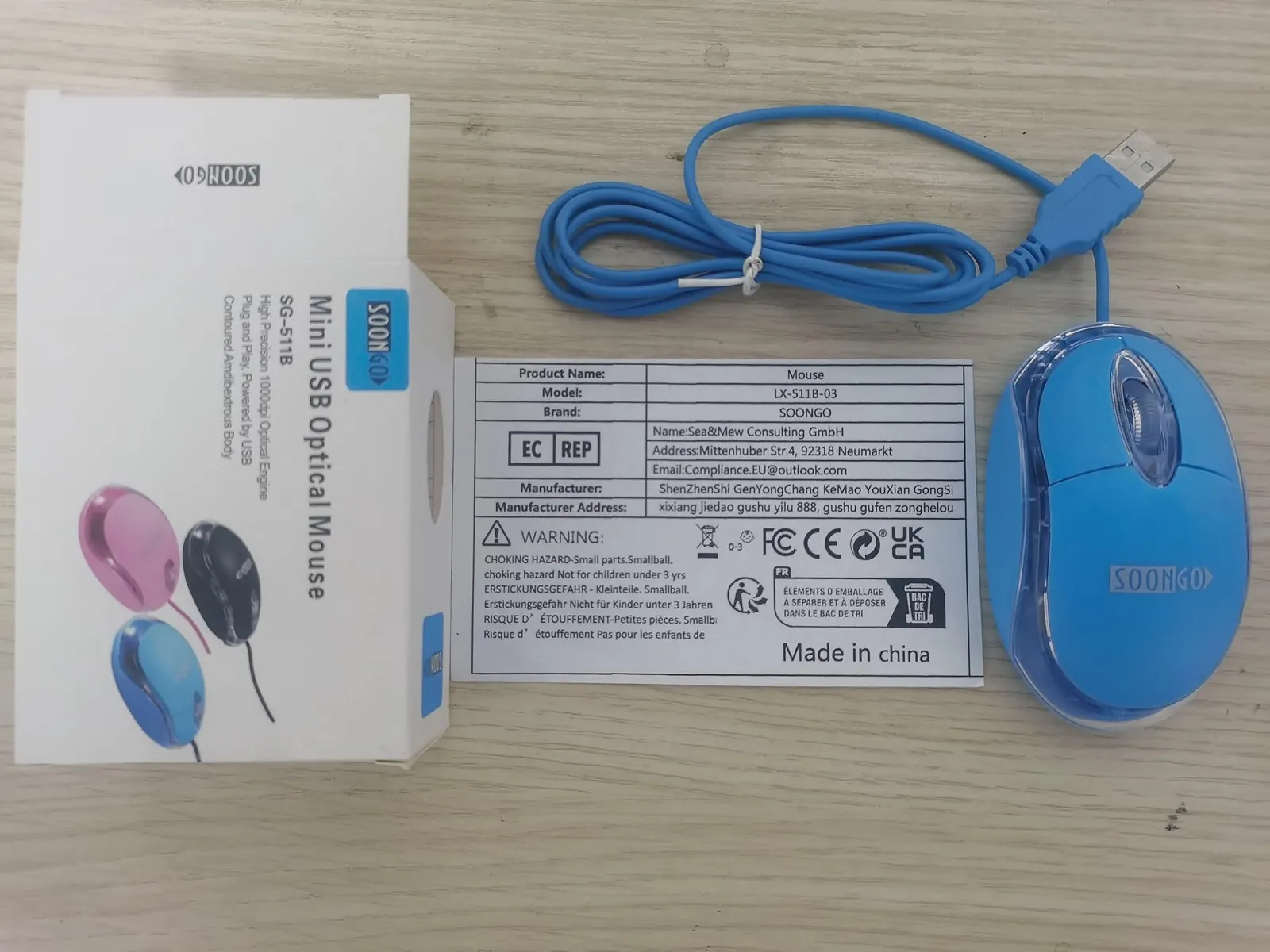 Миша SOONGO Mini USB дротова оптична світлодіодна лазерна портативна для ПК, ноутбука, настільного комп'ютера синя, фото №7