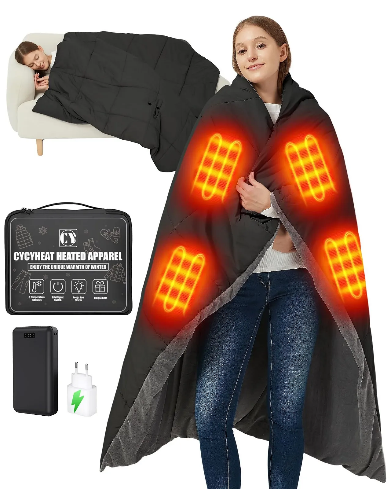 Електрична ковдра CYCYHEAT 7.4 V 20000 mAh з підігрівом для чоловіків та жінок, портативна з 8 зонами нагріву та 3 рівнями температури для дому та офісу, фото №1