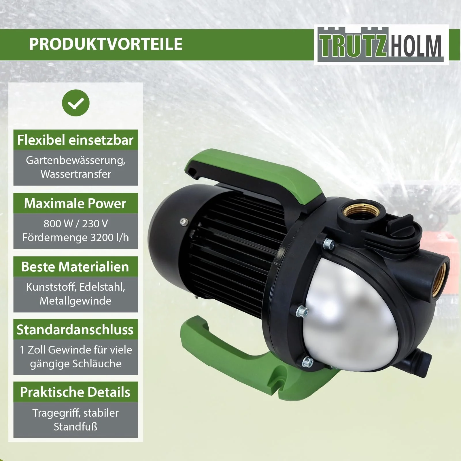Садовий насос TRUTZHOLM Jet Pump 800 W 3200 l/h 44 m 8 m 4.4 bar 1" з ручкою, фото №8
