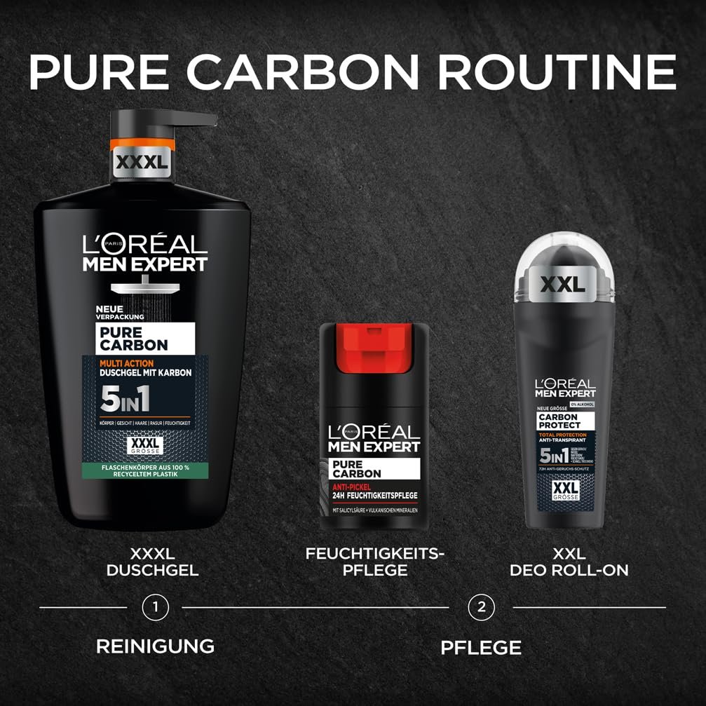 Гель для душа и шампунь L'Oréal Men Expert Pure Carbon XXXL 5-в-1 с углем 1000 мл, фото №6 Гель для душа и шампунь L'Oréal Men Expert Pure Carbon XXXL 5-в-1 с углем 1000 мл, фото №6