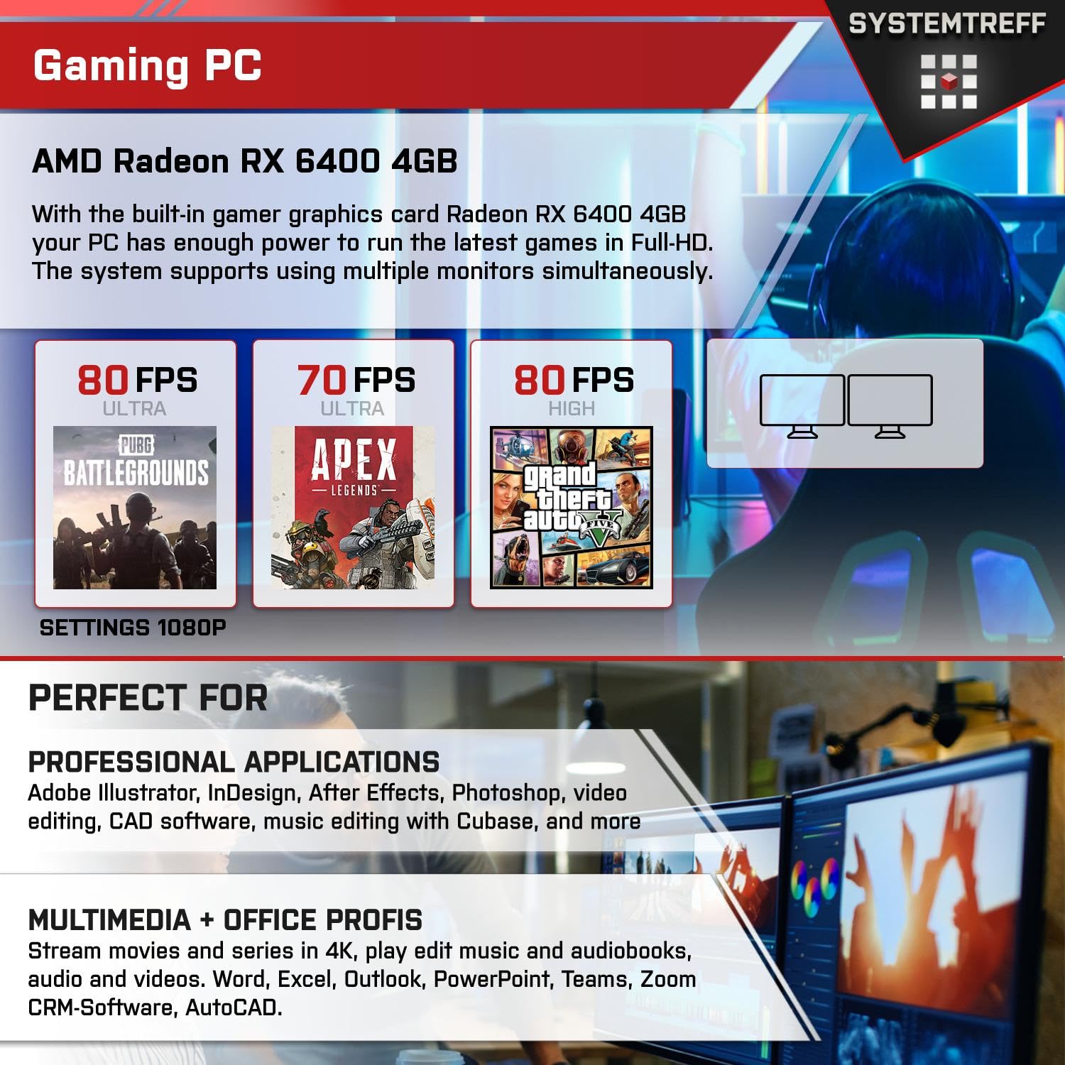 Системний блок SYSTEMTREFF Basic Gaming PC AMD Ryzen 5 5600 6x4.4GHz AMD Radeon RX 6400 DX12 512GB M.2 NVMe 16GB DDR4 RAM WLAN, фото №5