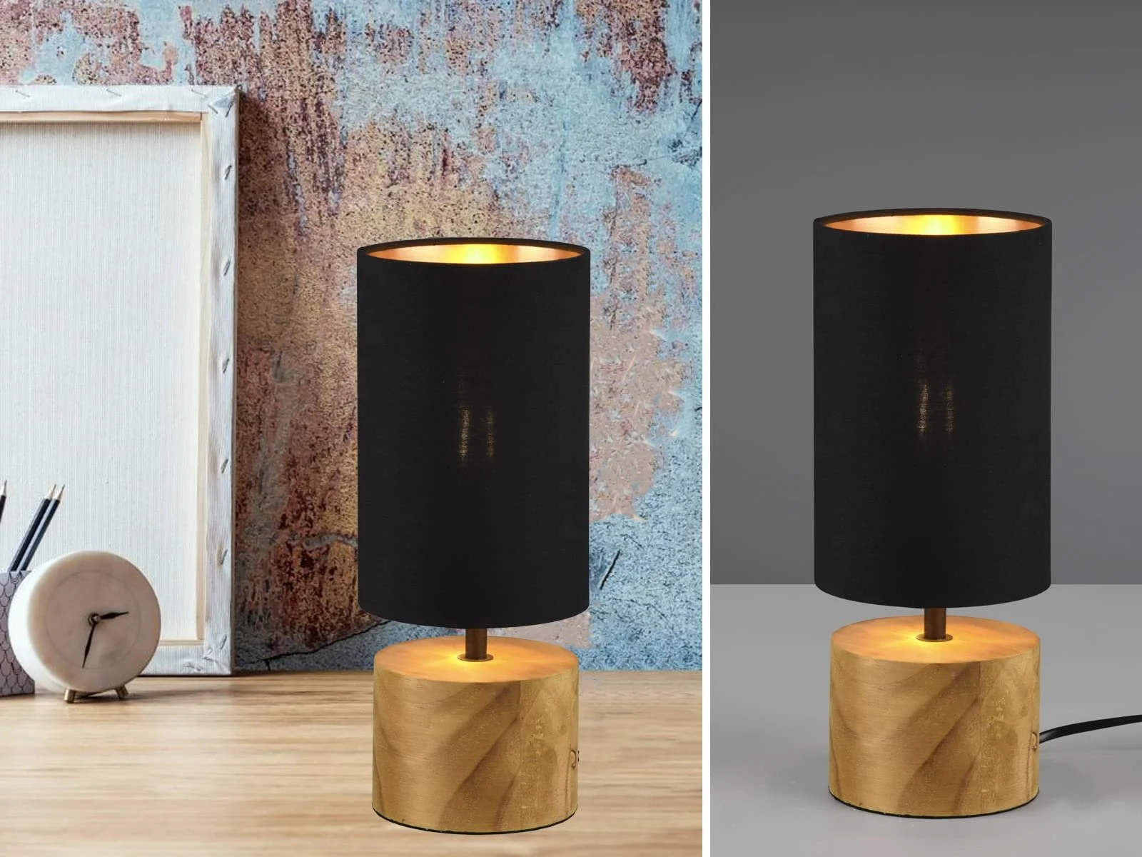 Настільна лампа LED 12 x 30 см дерев'яна основа тканинний абажур Black/Gold, фото №2