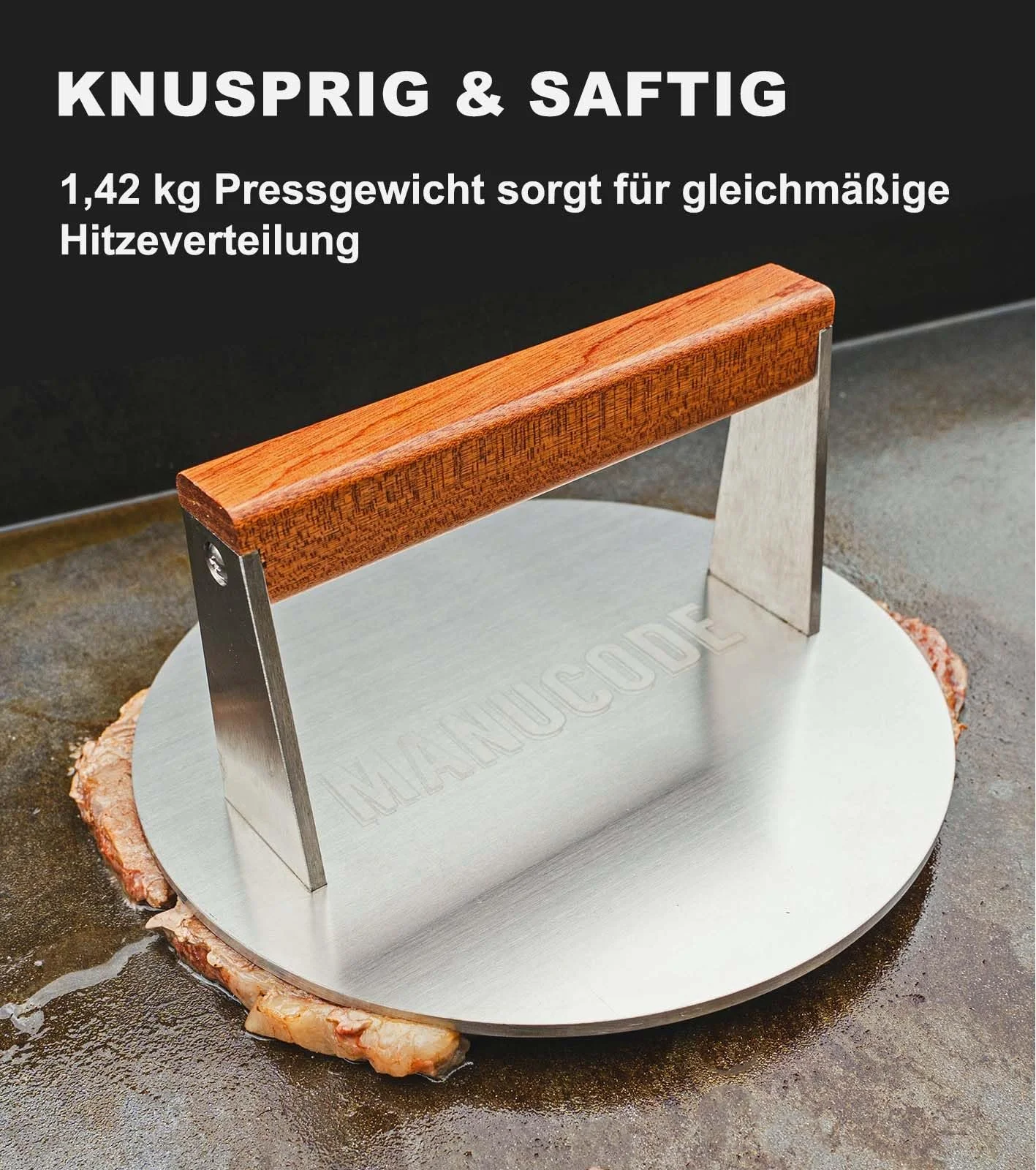 Пресс для бургеров Grill Weight 304 Stainless Steel 1.42 кг 20.5 см с деревянной ручкой, фото №2 Пресс для бургеров Grill Weight 304 Stainless Steel 1.42 кг 20.5 см с деревянной ручкой, фото №2