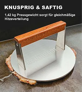 Пресс для бургеров Grill Weight 304 Stainless Steel 1.42 кг 20.5 см с деревянной ручкой synthetic.ua - Фото 1