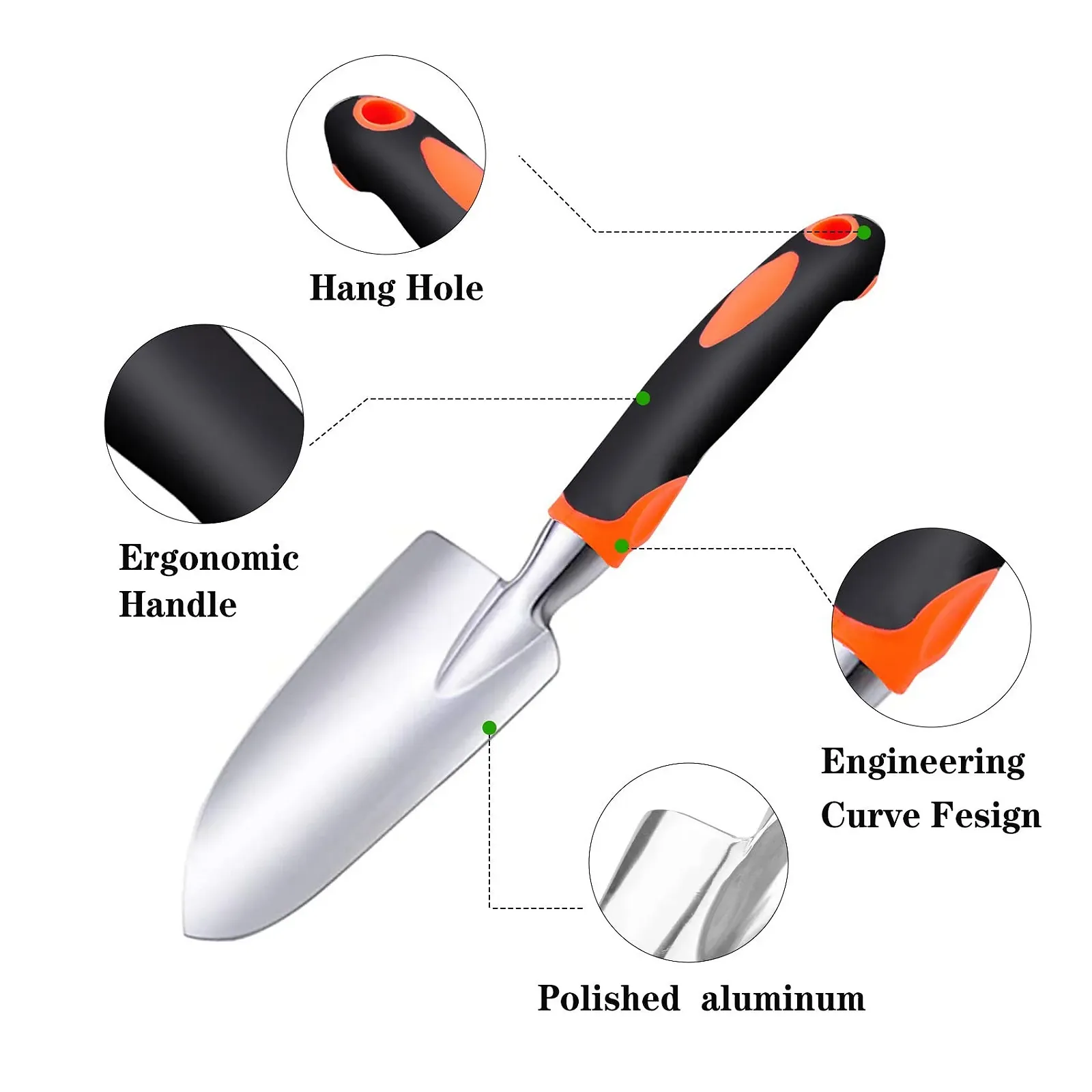 Лопатка садовая Jiechang из алюминиевого сплава с эргономичной резиновой ручкой, оранжевая., фото №3
