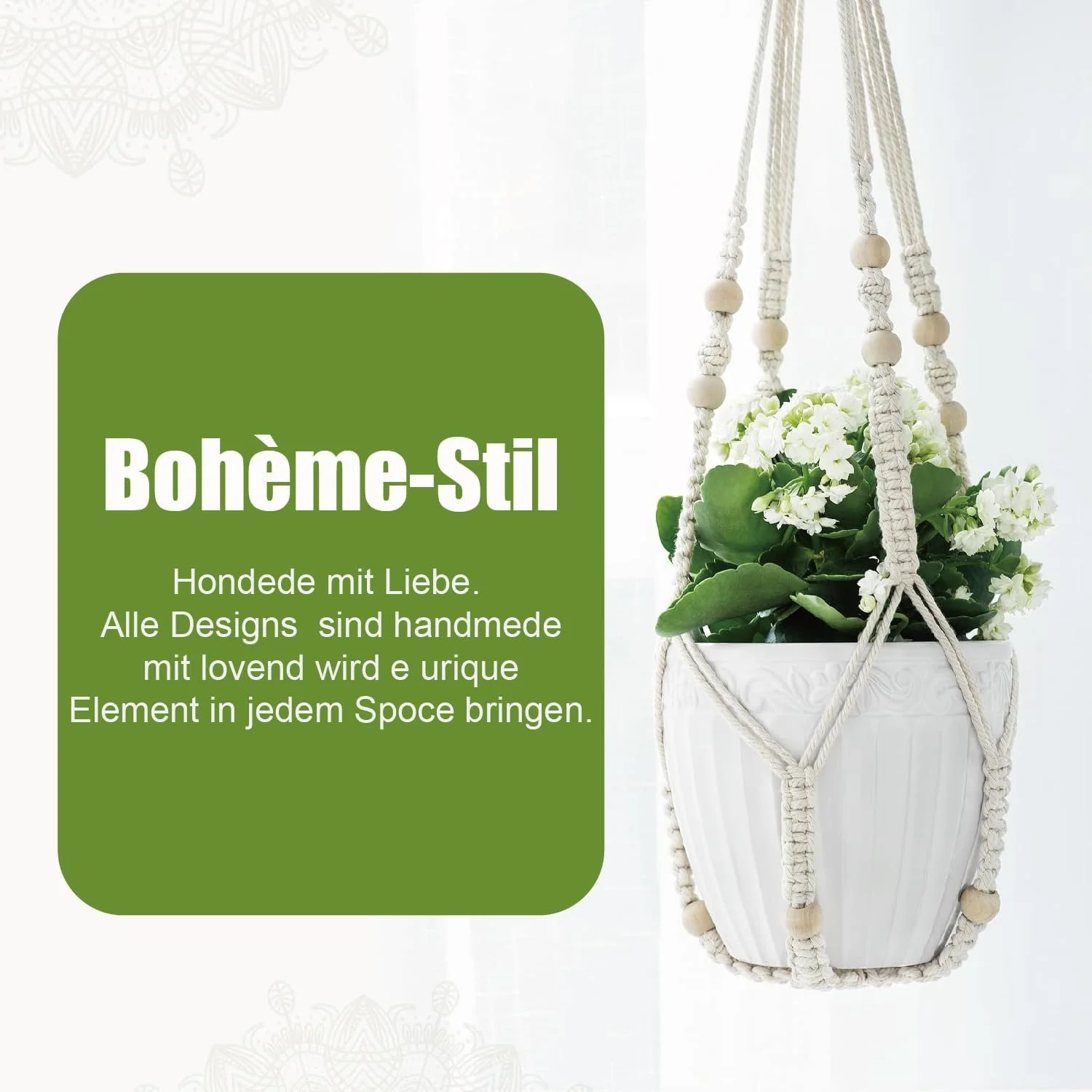 Підвісний кошик макраме Boho бавовняний з намистинами без китиць 1 шт, фото №5