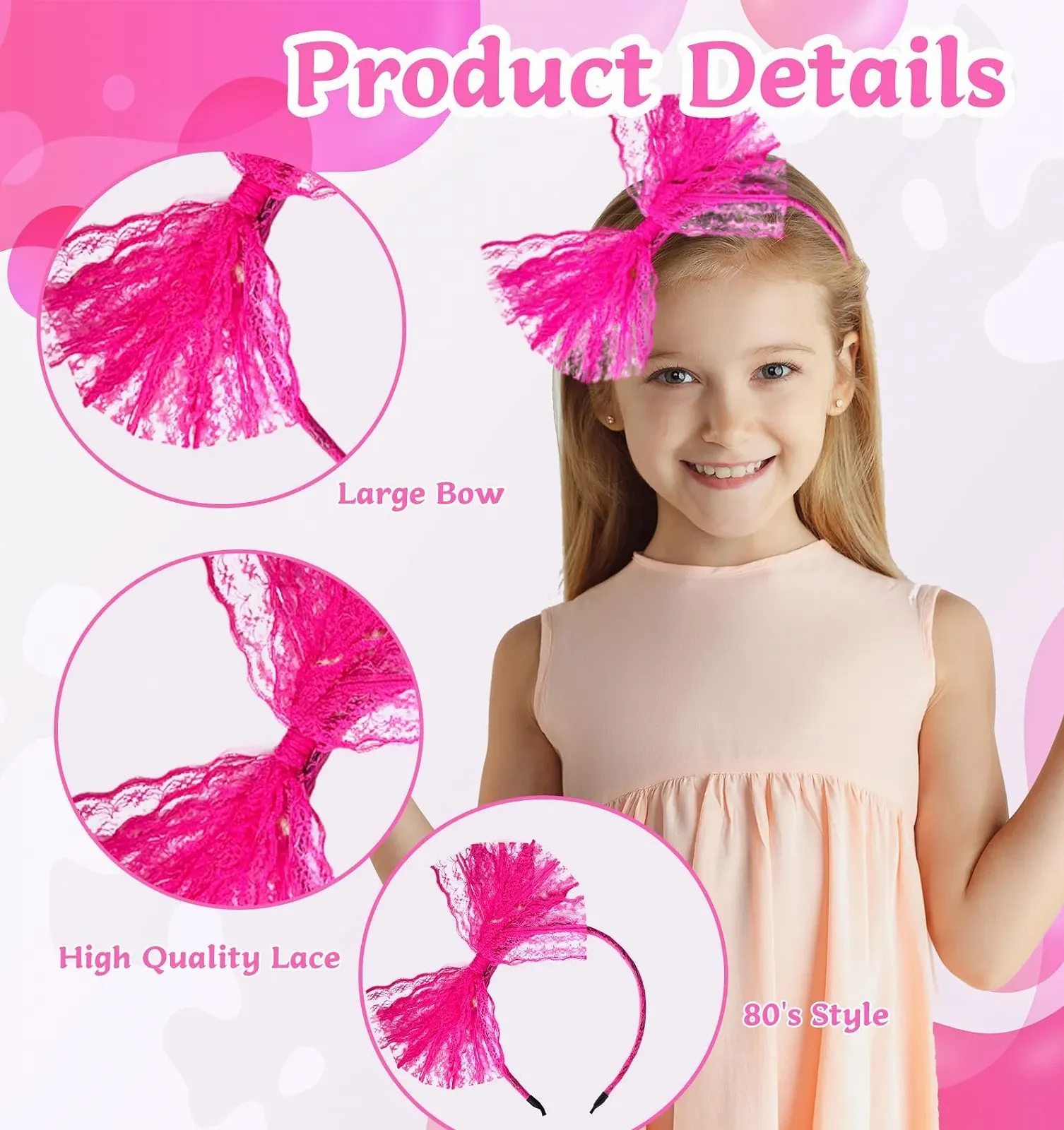 Обруч на голову Неон з бантом 1980-х Рожевий, фото №3