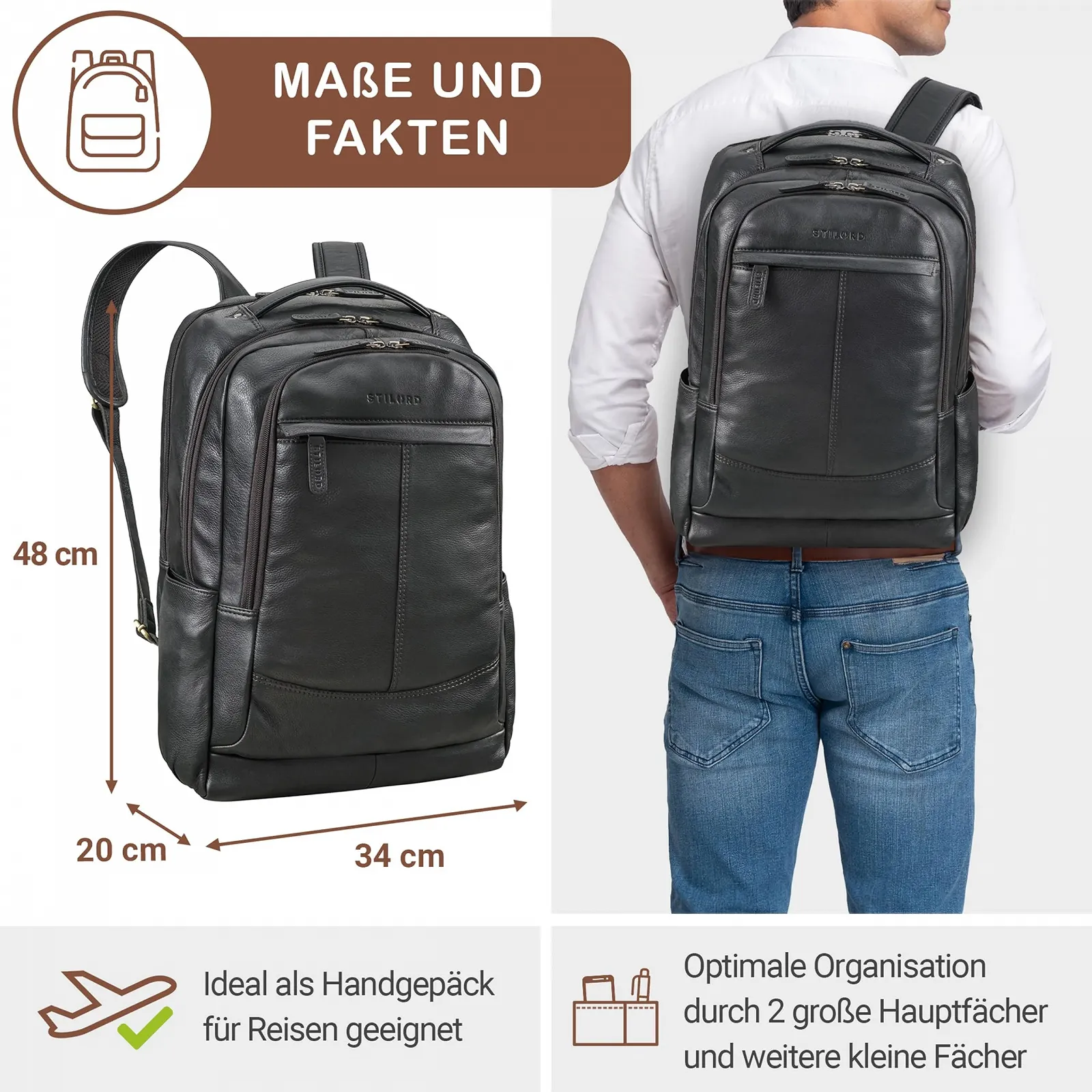 Рюкзак для ноутбука STILORD Maxim Premium XL Business Натуральна шкіра 17-19 дюймів Чорний, фото №4