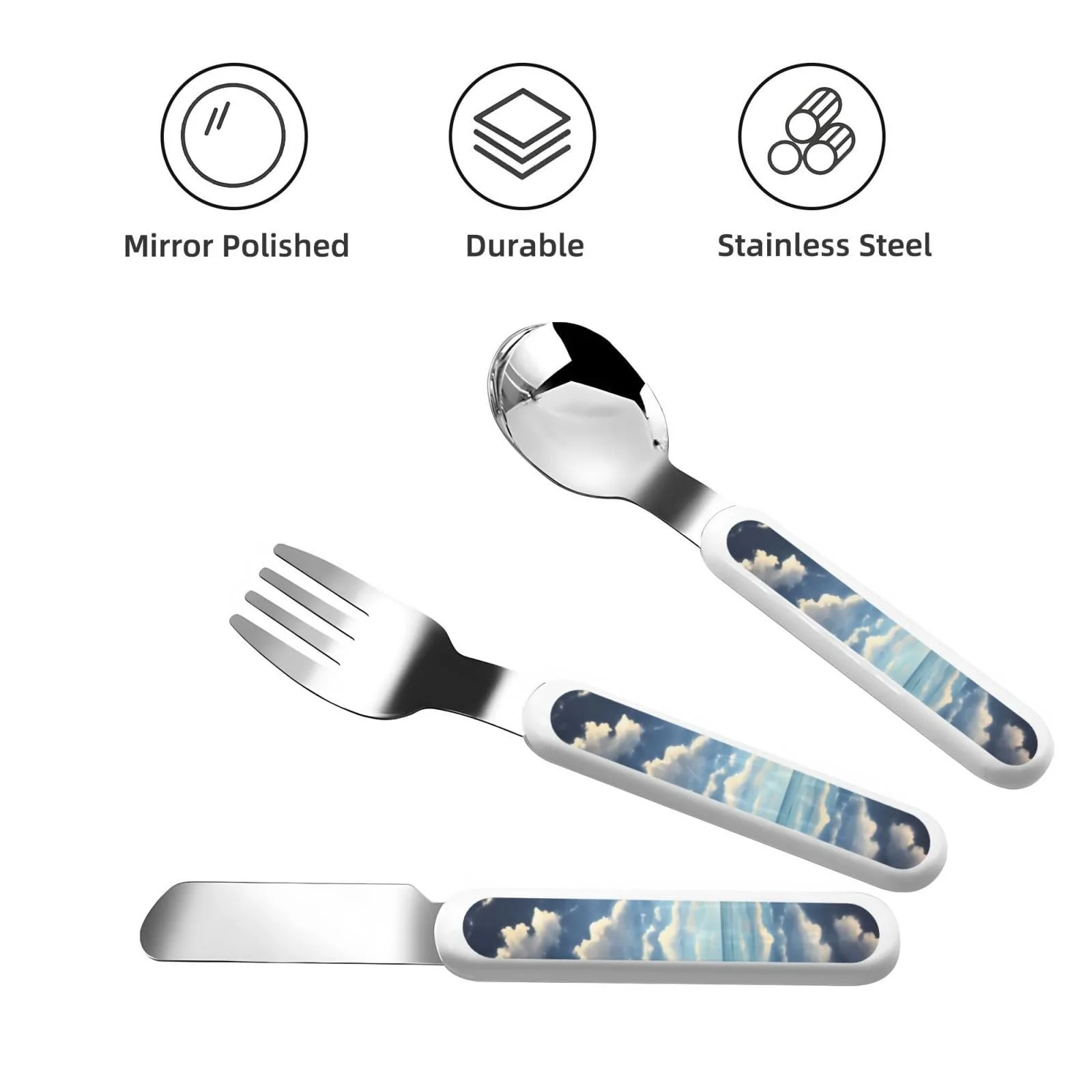 Набір дитячих столових приборів з принтом "Білі хмари над морем", три предмети, багаторазовий, фото №2 Набір дитячих столових приборів з принтом "Білі хмари над морем", три предмети, багаторазовий, фото №2