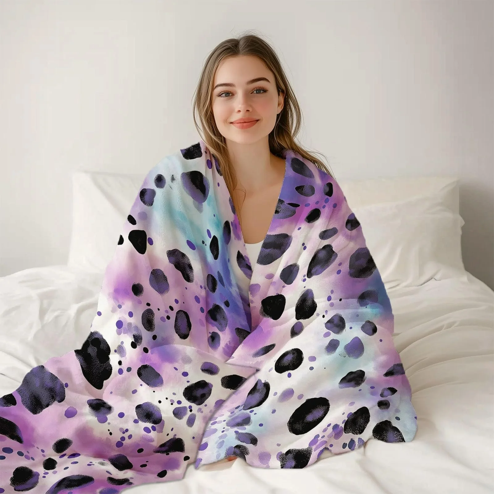 Плед Фланелевый Шерпа Флис 3D Лиловый 130 x 150 см Мягкий Микрофибра Теплый Гостиная Акварельный Узор Звездный Леопард, фото №6
