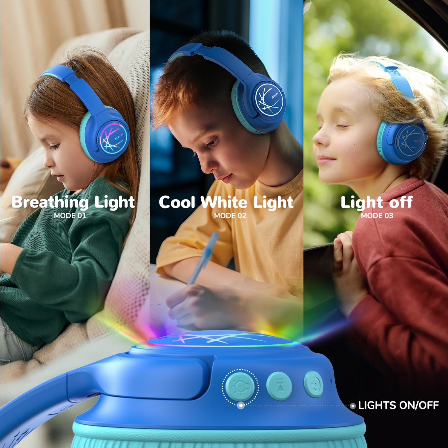 Навушники Bluetooth iClever Дитячі з LED Підсвіткою 74/85 dBA Volume Limit 43 години відтворення Stereo Sound Type-C AUX Кабель Bluetooth 5.3 для Планшета/Подорожей, фото №4
