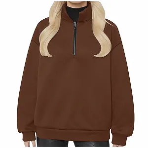 Толстовка на молнии Solid Fleece, свободный крой, Y2K-воротник, спортивный топ на четверть молнии, модный, с открытыми плечами, длинные рукава, трендовый, милый - Фото 1