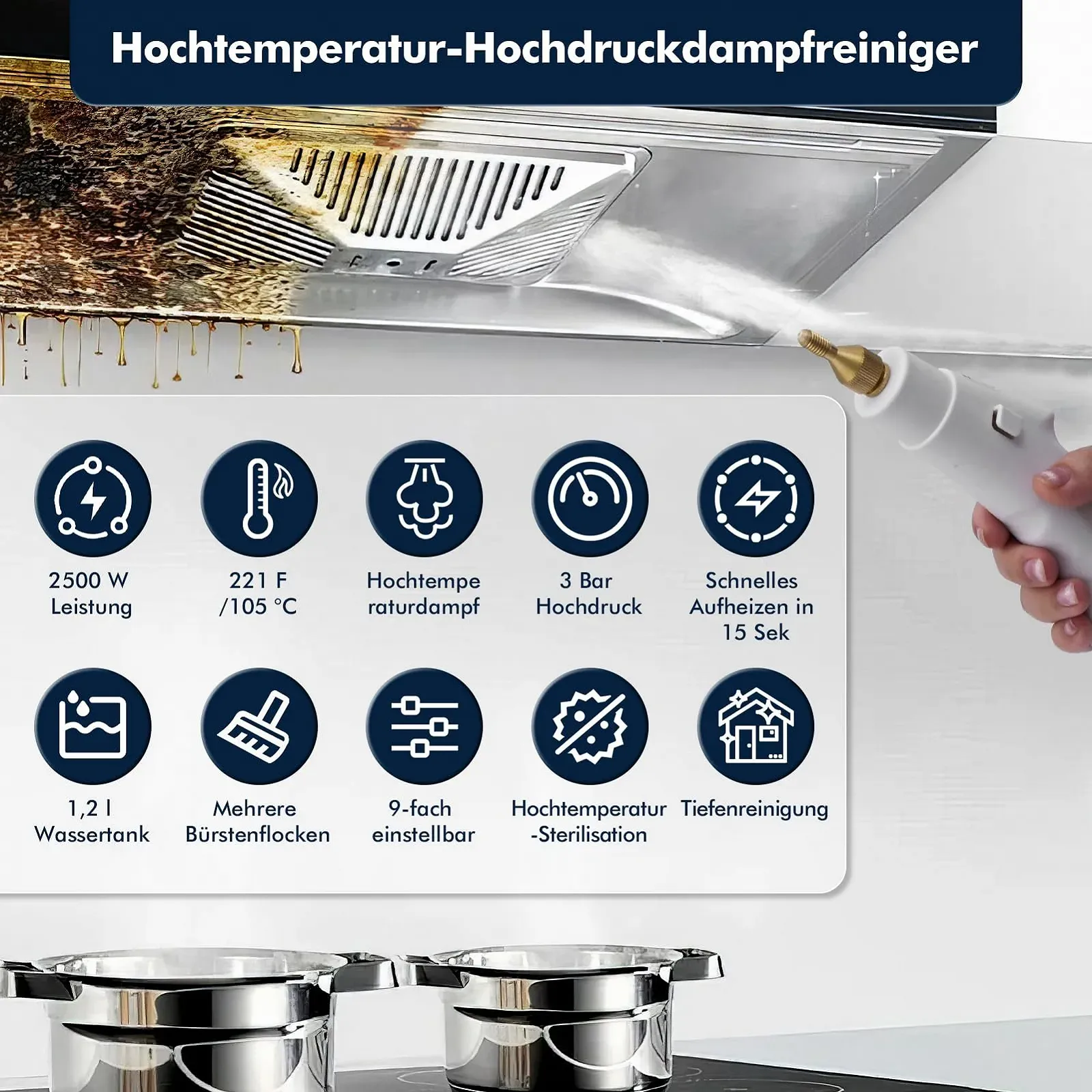 Пароочисник Handheld 2500 Вт 3 бар 9 режимів 1.2 л Білий, фото №6