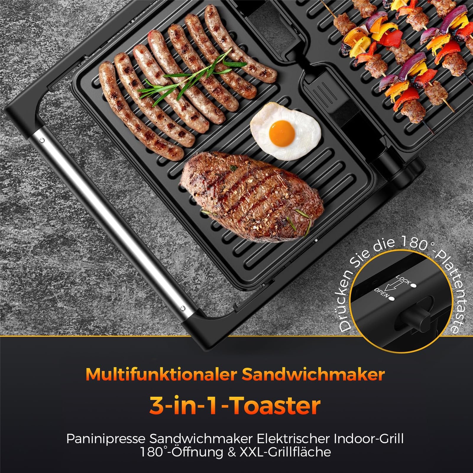 Гриль YASHE 1500 Вт, гриль для паніні, XXL пластини з антипригарним покриттям, автоматичний контроль температури, фото №2