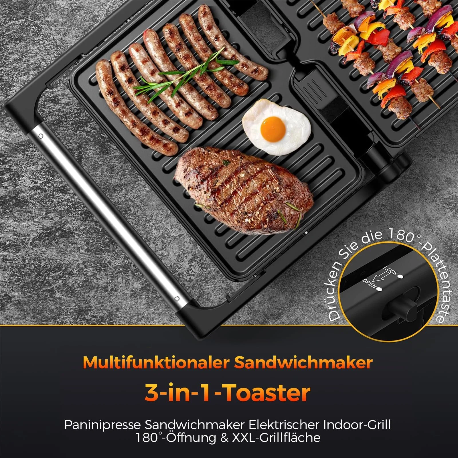 Гриль YASHE 1500 Вт, гриль для паніні, XXL пластини з антипригарним покриттям, автоматичний контроль температури, фото №2 Гриль YASHE 1500 Вт, гриль для паніні, XXL пластини з антипригарним покриттям, автоматичний контроль температури, фото №2