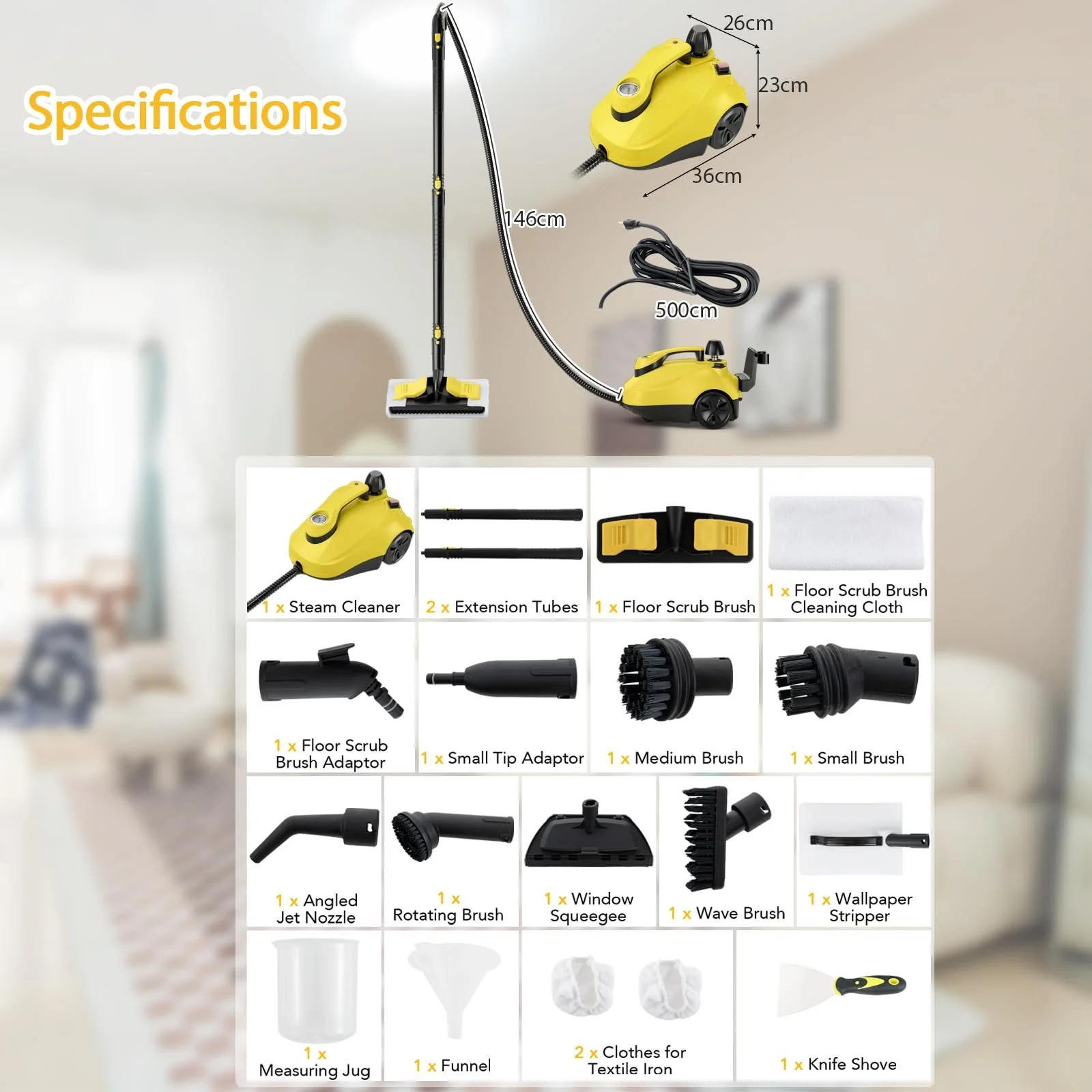 Пароочисник SOARS 2000 W 5 Bar 1.8 L 21 аксесуар Жовтий, фото №7