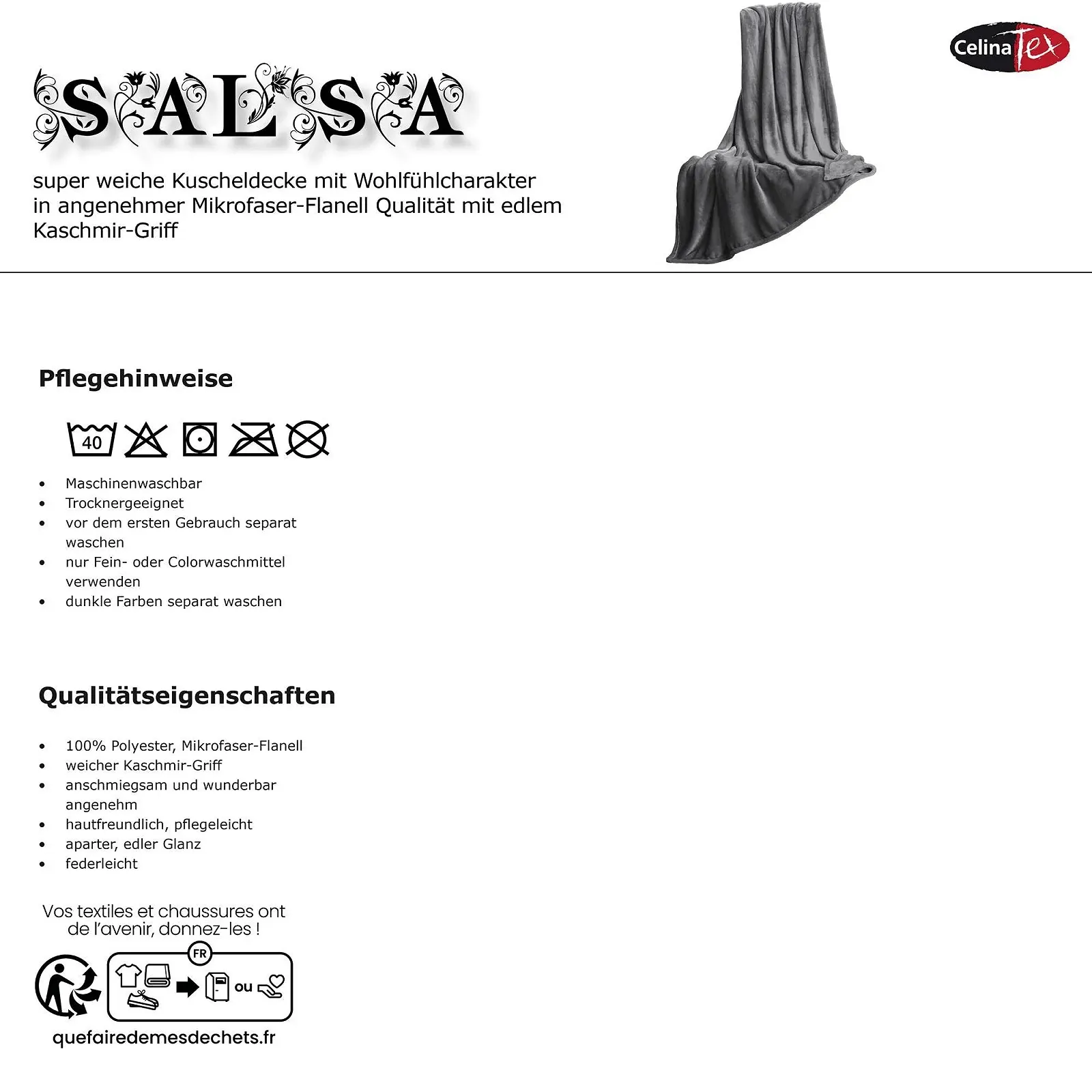 Покривало CelinaTex Salsa, 150 x 200 см, сріблясто-сіра Покривало з мікрофібри з кашеміровим дотиком, покривало, фото №7