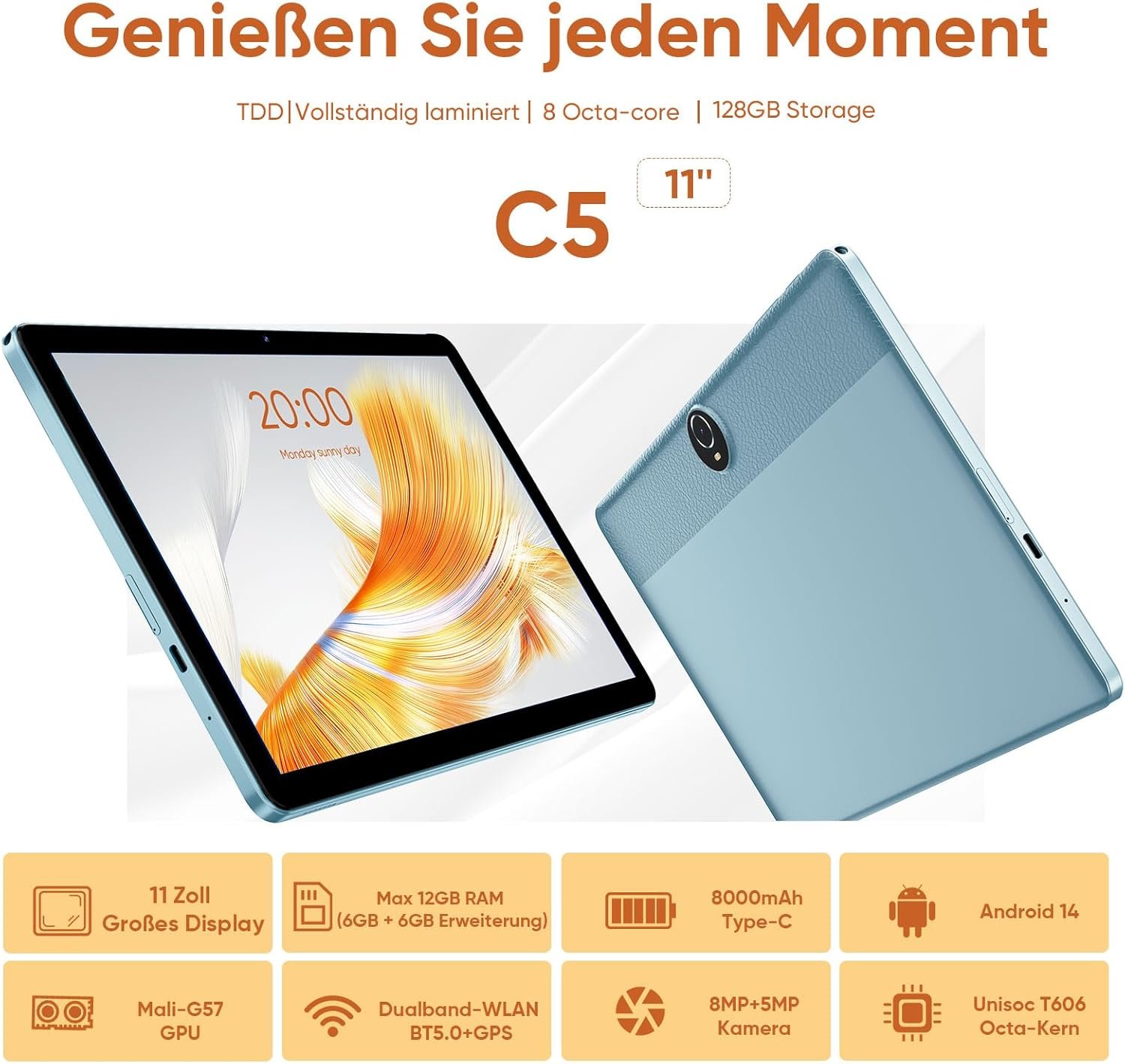 Планшет 11" JIKOCXN C5 6+6/128Gb 8 ядер Android 14 8000 mAh Blue, фото №2