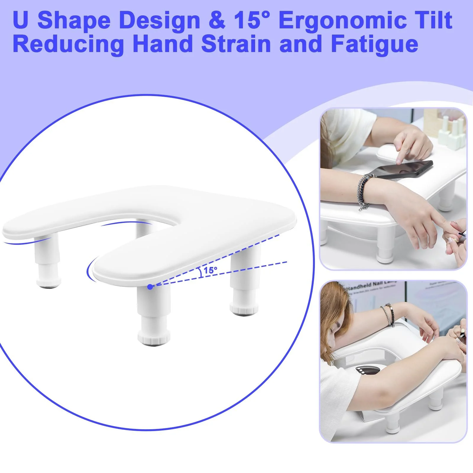 Підставка для рук U-подібна Diesisa для манікюру, регульована висота, м'яка PU шкіра, біла, фото №4