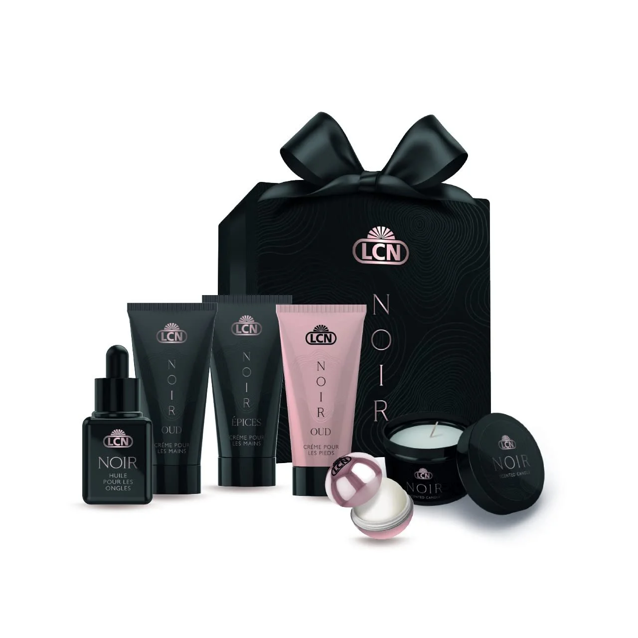 Набір LCN Deluxe "Noir" 6 предметів: 2x крем для рук, крем для ніг, олія для нігтів, бальзам для губ, ароматична свічка, фото №1