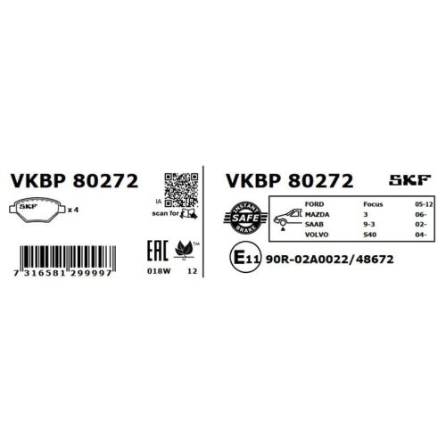 Комплект тормозных колодок, дисковый тормоз SKF VKBP 80272 для FORD MAZDA OPEL SAAB VAUXHALL, фото №2