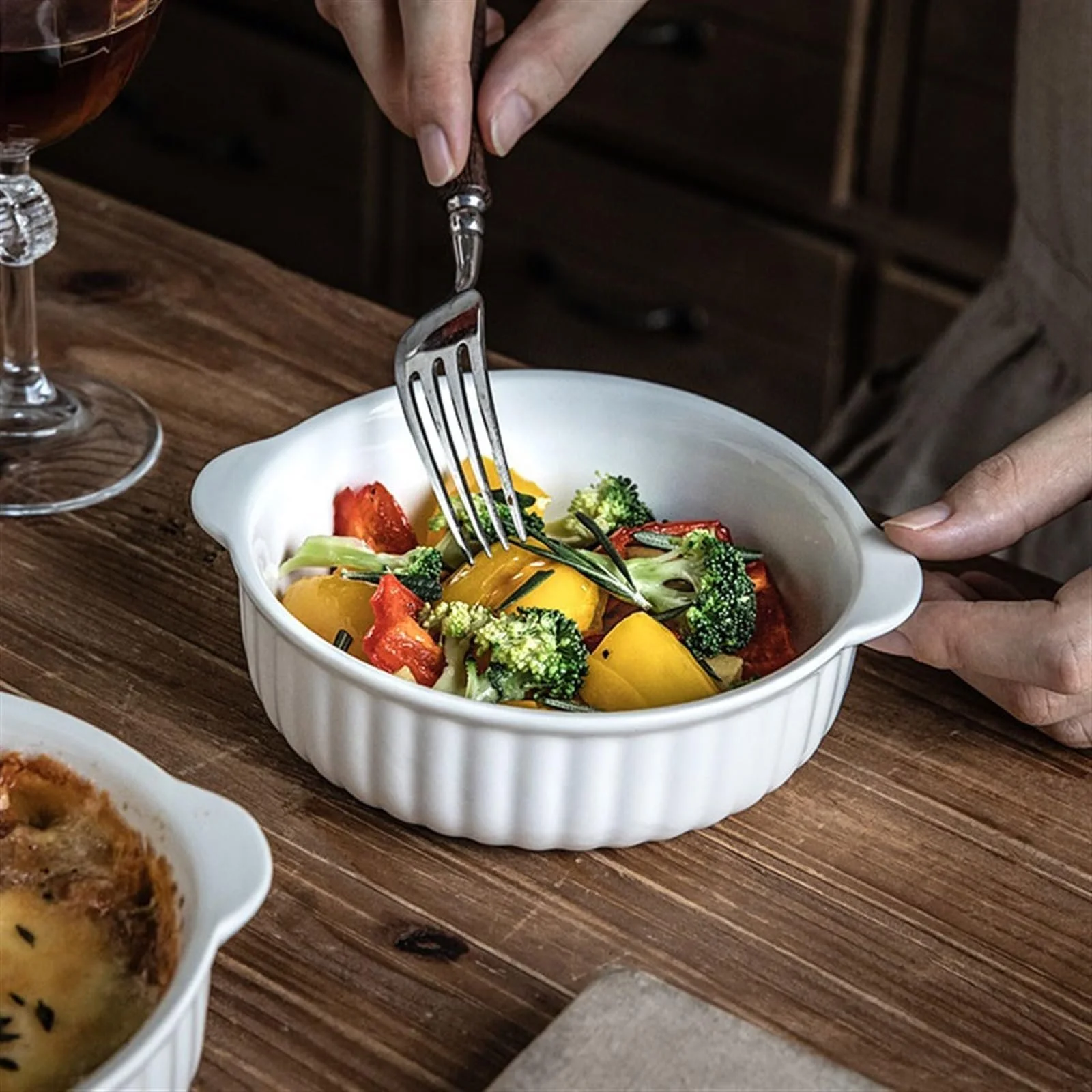 Форма для запекания керамическая Кастрюля-салатница винтажный стиль с ручками 500 мл, фото №6