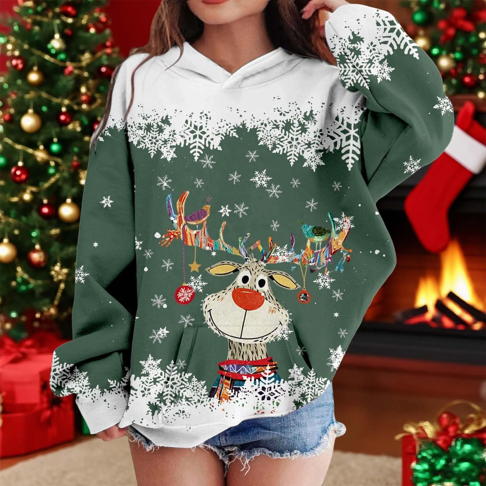 Рождественский свитер для мальчиков и девочек с капюшоном, олень, мультяшный принт, длинный рукав (2-12 лет), фото №3