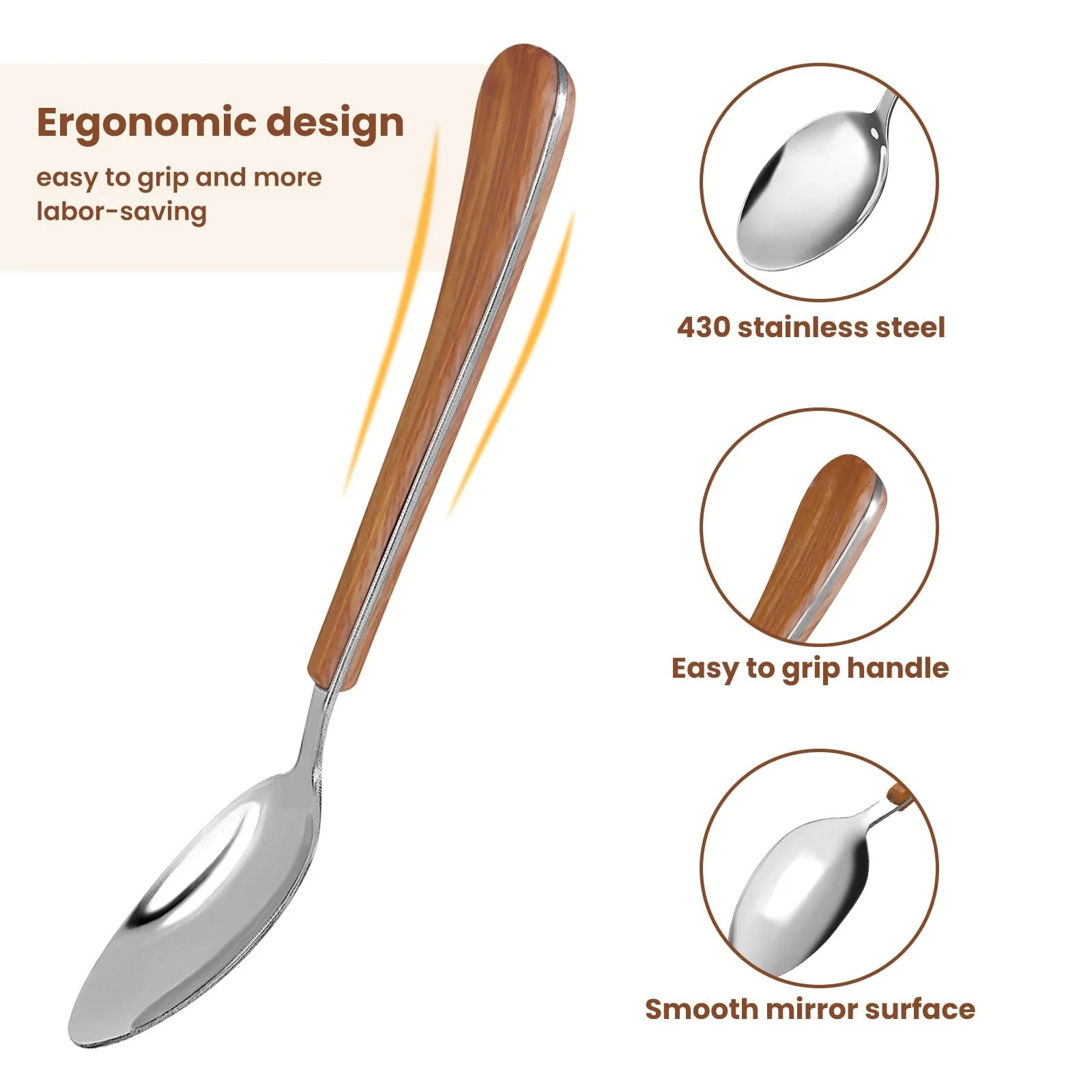 Ложка столовая Daily Treasures, набор 6 штук, 17 см, пищевая нержавеющая сталь, деревянная ручка, для кофе, десертов, чая, дома, кухни, ресторана, прочная, фото №2 Ложка столовая Daily Treasures, набор 6 штук, 17 см, пищевая нержавеющая сталь, деревянная ручка, для кофе, десертов, чая, дома, кухни, ресторана, прочная, фото №2
